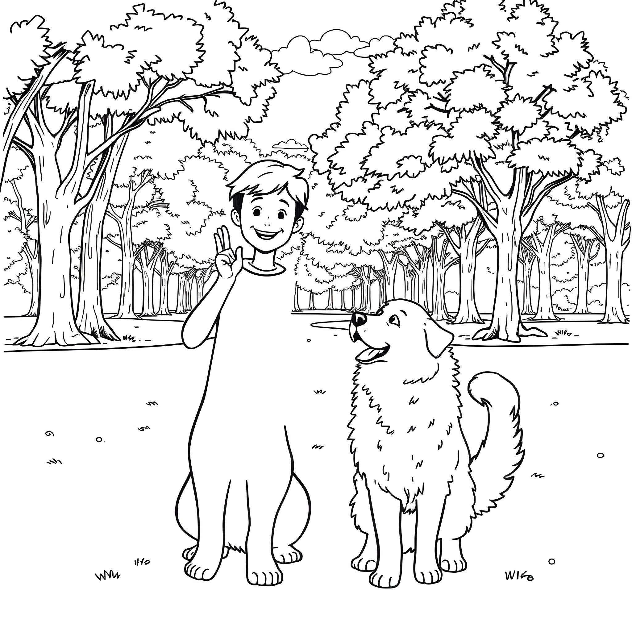 Person with dog enjoying nature in forest Coloring Page (free black-and-white line drawing printable PDF for all, from beginners to advanced learners, including children, teens, adults, and seniors)