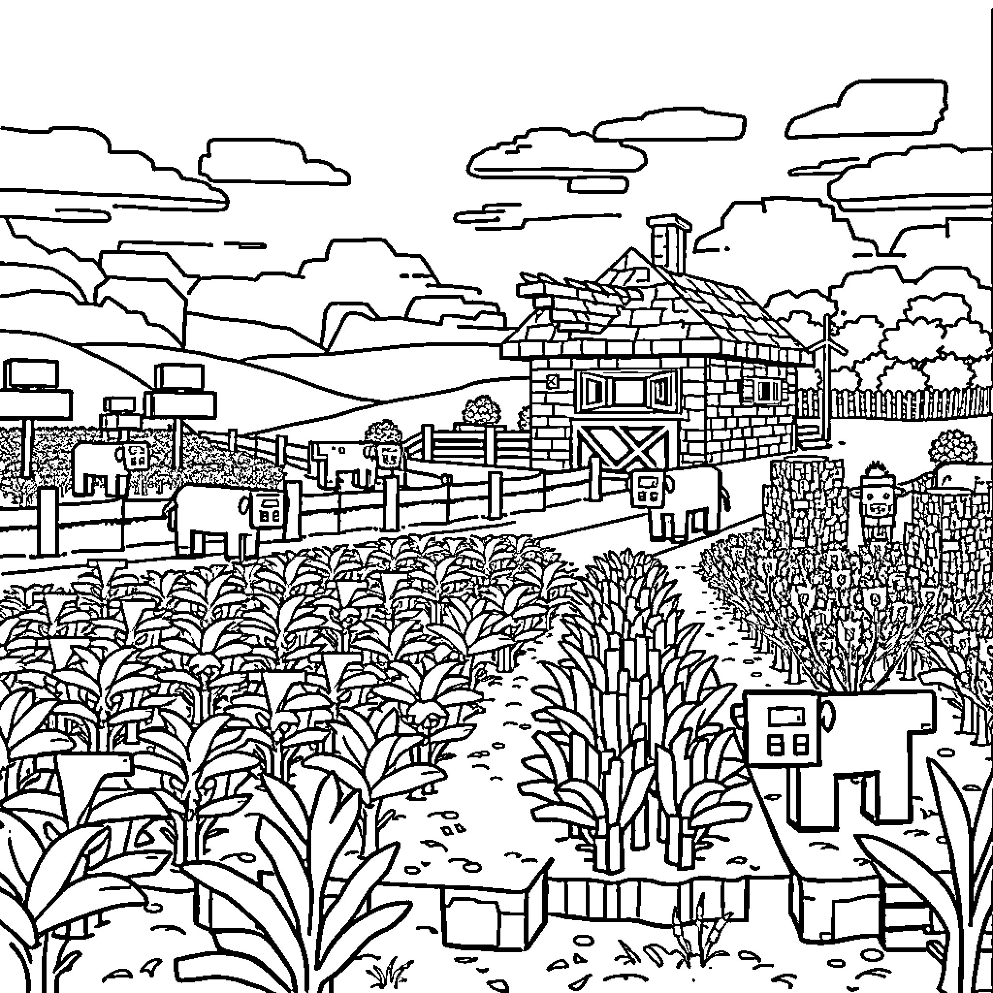 Farm Landscape with Rural Structures and Vegetation Coloring Page (free black-and-white line drawing printable PDF for all, from beginners to advanced learners, including children, teens, adults, and seniors)