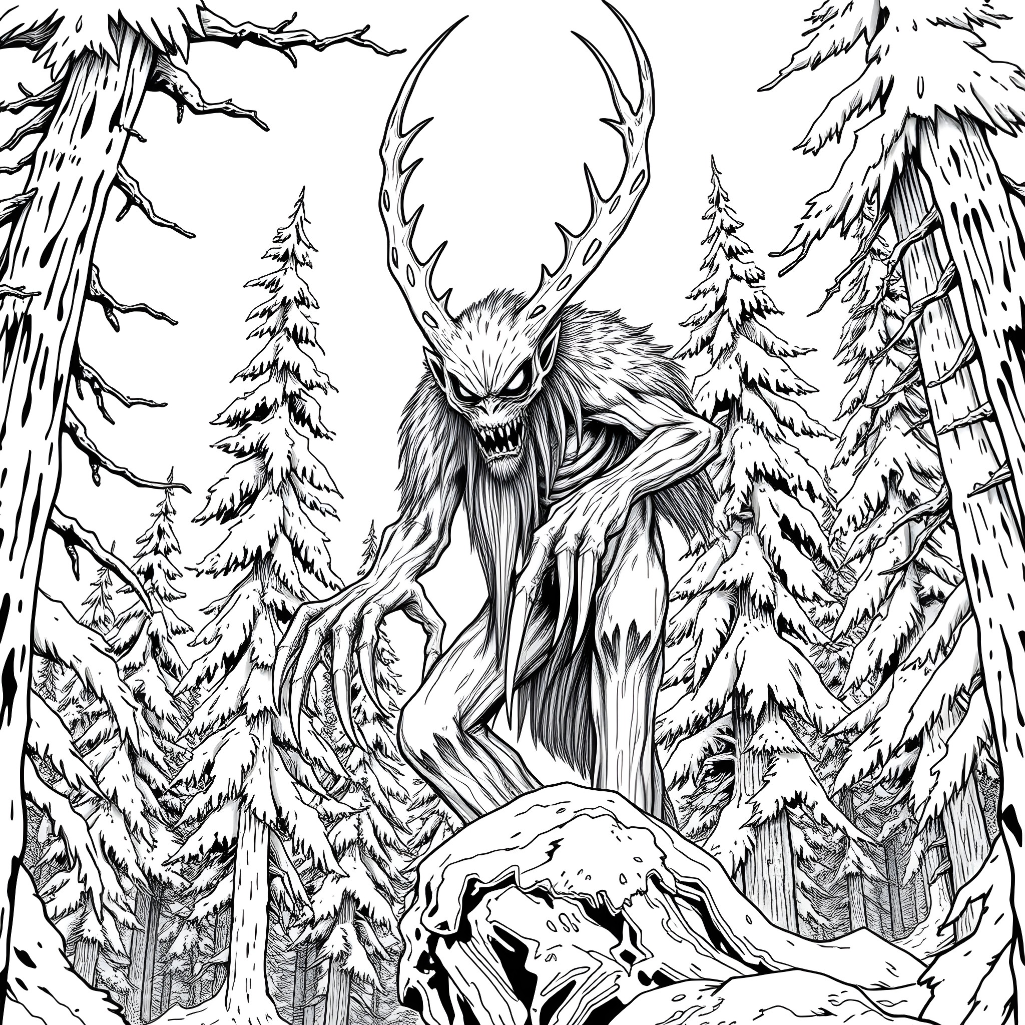 Wendigo stalking through the snowy wilderness Coloring Page (free black-and-white line drawing printable PDF for all, from beginners to advanced learners, including children, teens, adults, and seniors)