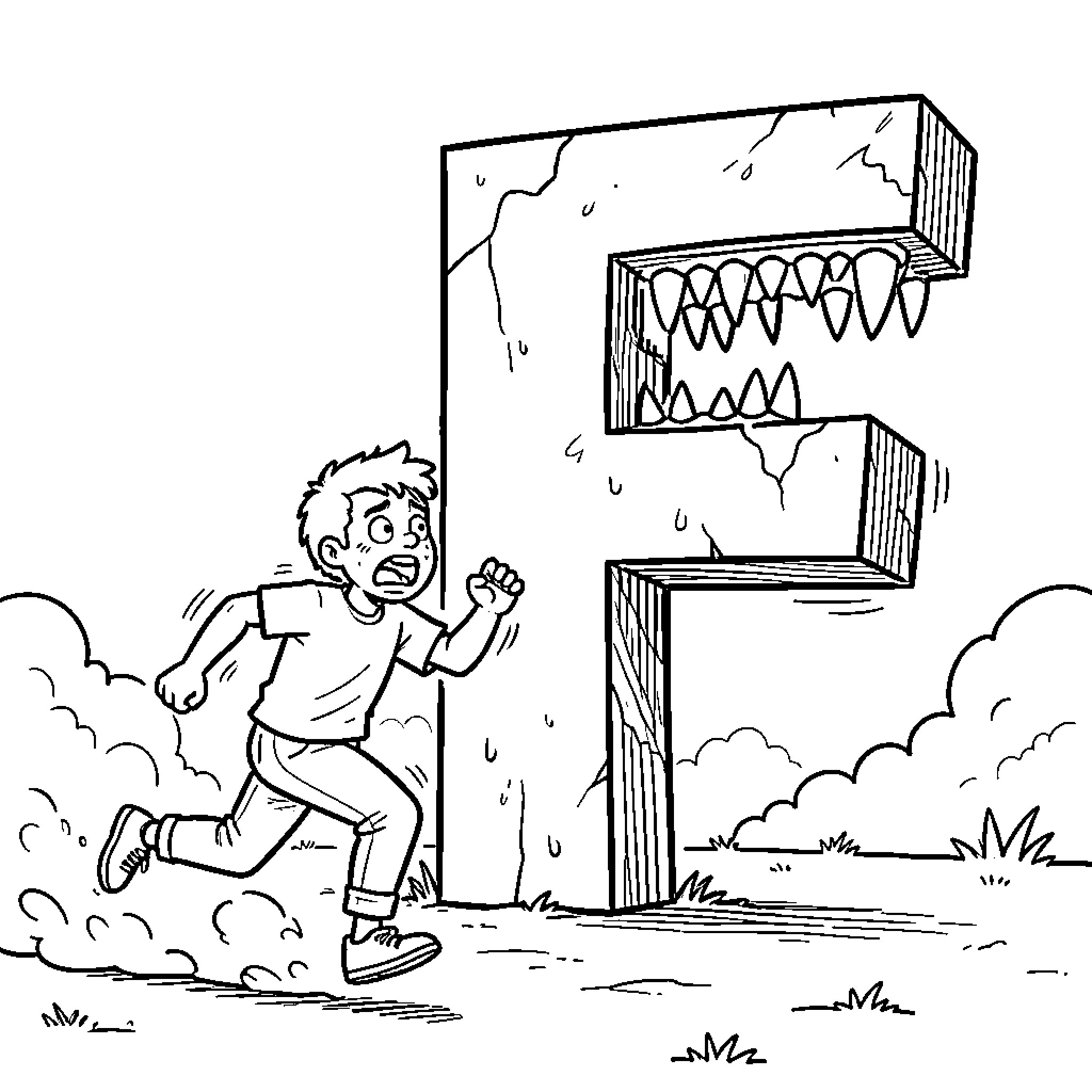 Human running away from a large monster Coloring Page (free black-and-white line drawing printable PDF for all, from beginners to advanced learners, including children, teens, adults, and seniors)