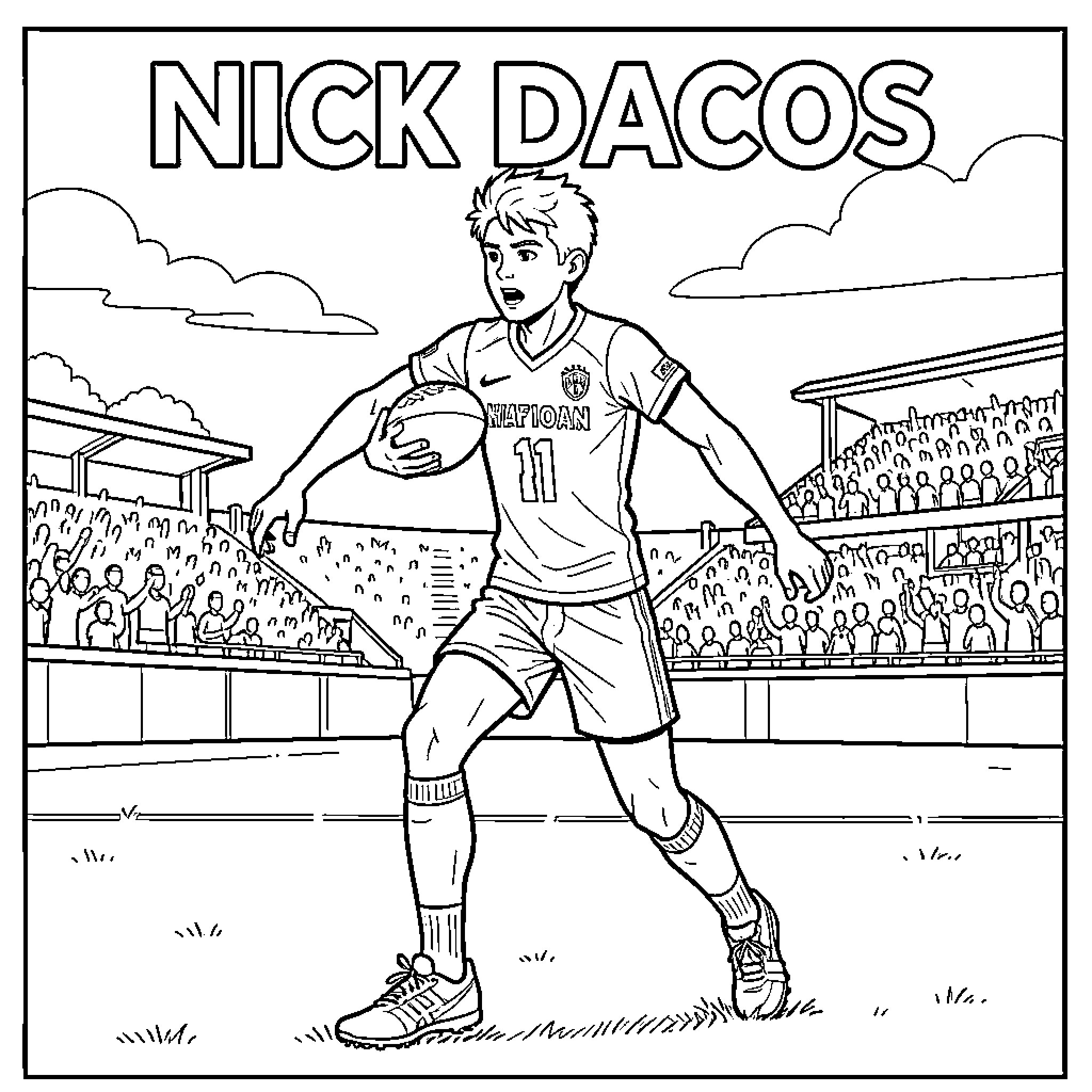 Nick Daicos running with a football in a stadium Coloring Page (free black-and-white line drawing printable PDF for all, from beginners to advanced learners, including children, teens, adults, and seniors)