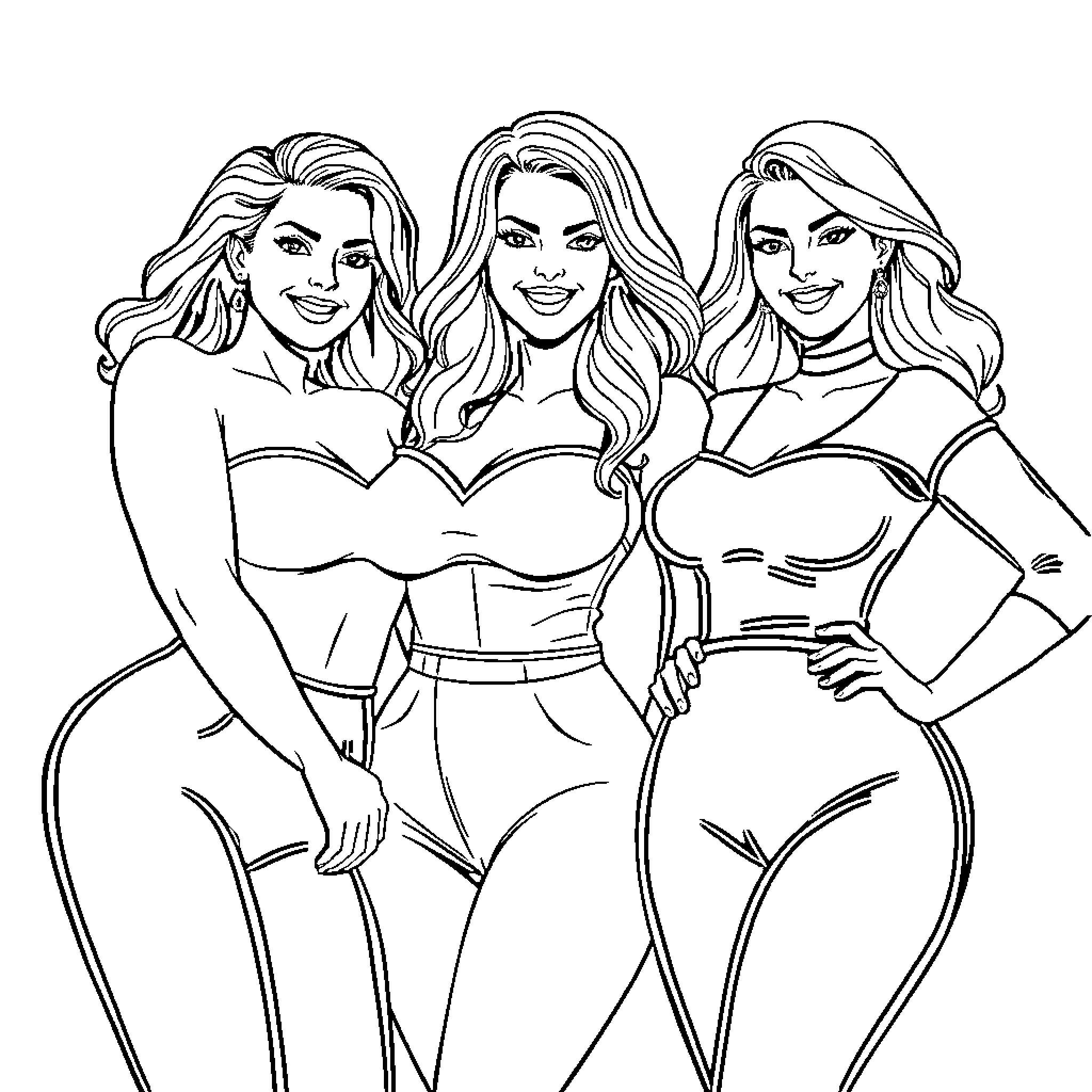 Women posing confidently in stylish outfits Coloring Page (free black-and-white line drawing printable PDF for all, from beginners to advanced learners, including children, teens, adults, and seniors)