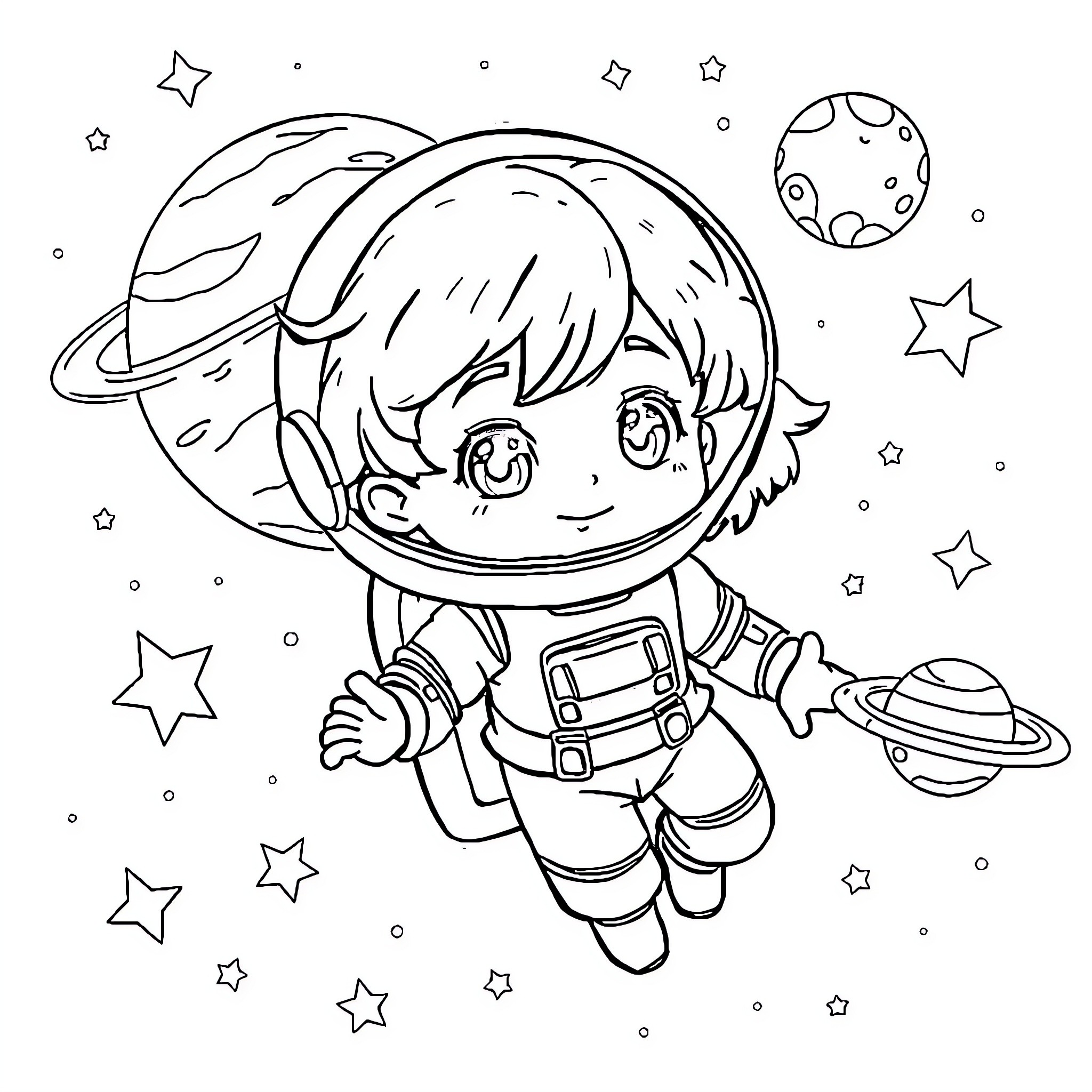 Astronaut exploring the cosmos with wonder Coloring Page (free black-and-white line drawing printable PDF for all, from beginners to advanced learners, including children, teens, adults, and seniors)