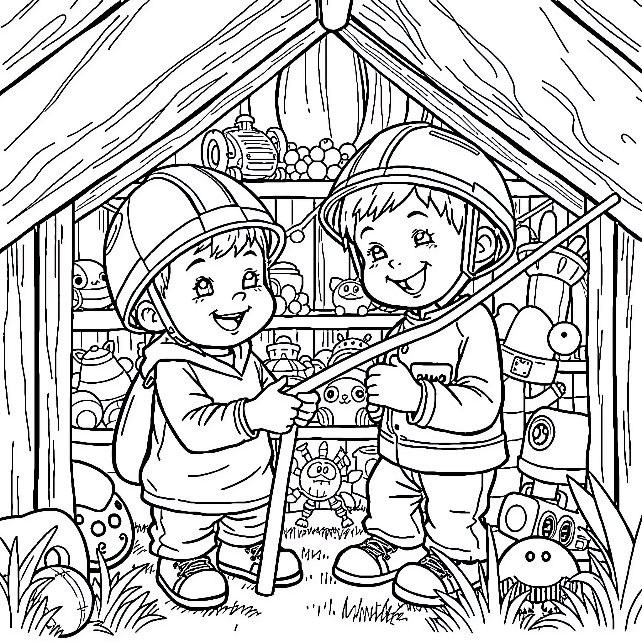 Brothers exploring the wonders of a cozy tent Coloring Page (free black-and-white line drawing printable PDF for all, from beginners to advanced learners, including children, teens, adults, and seniors)
