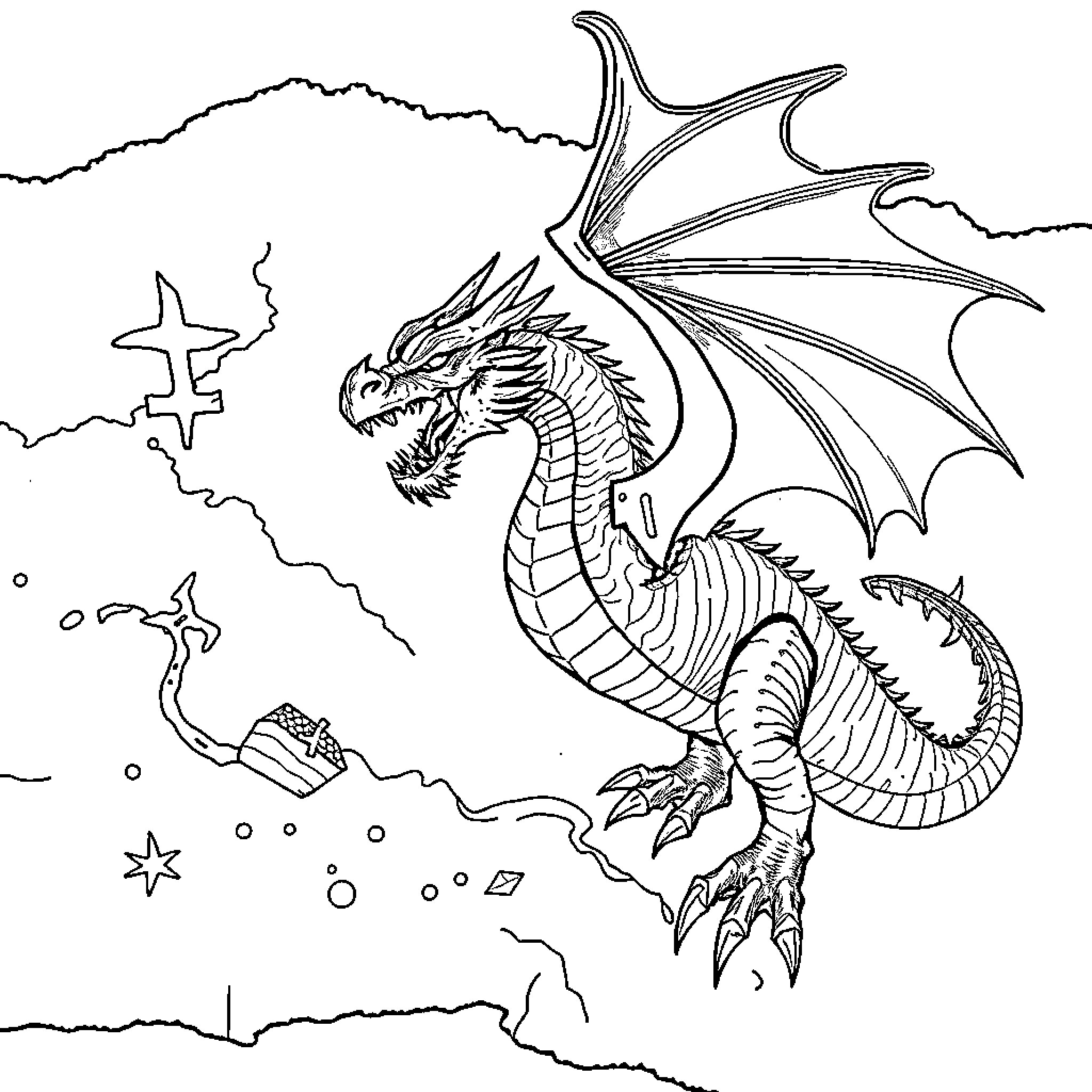 Dragon soaring majestically in the night sky Coloring Page (free black-and-white line drawing printable PDF for all, from beginners to advanced learners, including children, teens, adults, and seniors)
