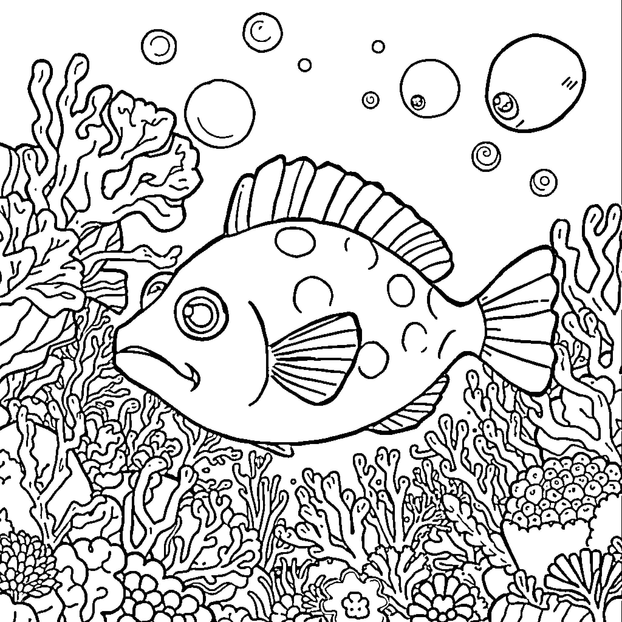 Blobfish exploring underwater coral reef Coloring Page (free black-and-white line drawing printable PDF for all, from beginners to advanced learners, including children, teens, adults, and seniors)