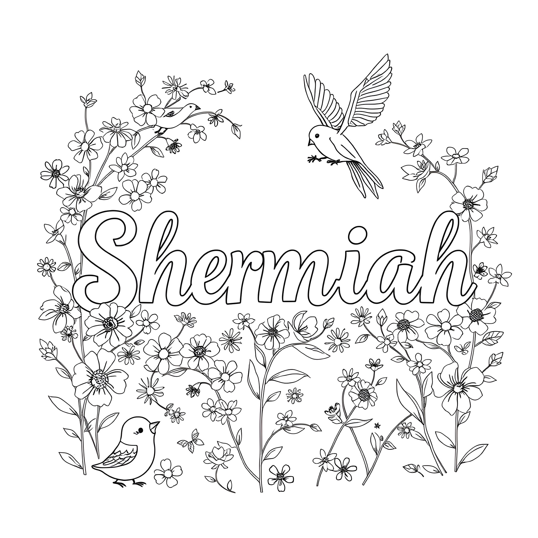 Shermiah's floral garden with birds Coloring Page (free black-and-white line drawing printable PDF for all, from beginners to advanced learners, including children, teens, adults, and seniors)