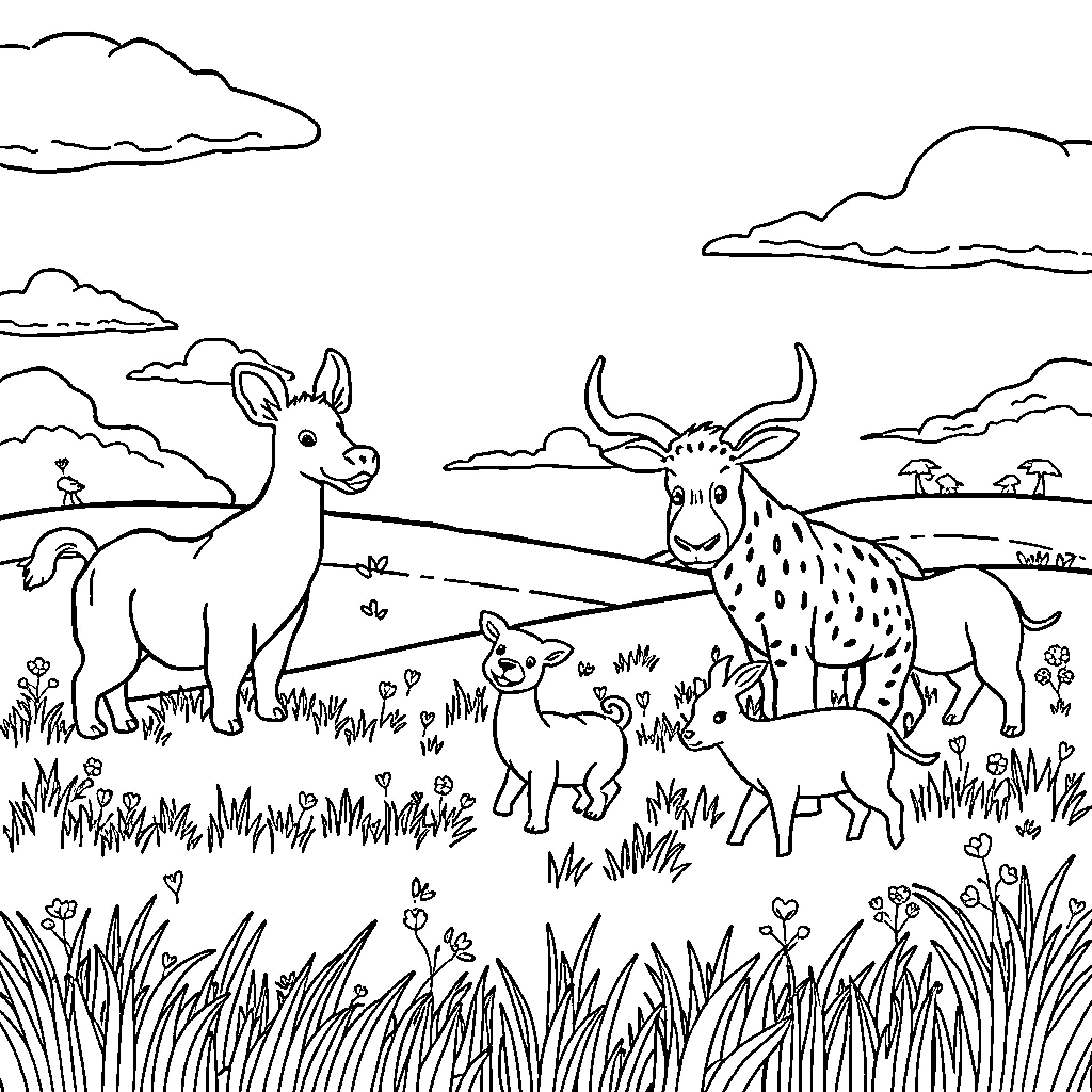 Animal herd roaming in the countryside Coloring Page (free black-and-white line drawing printable PDF for all, from beginners to advanced learners, including children, teens, adults, and seniors)