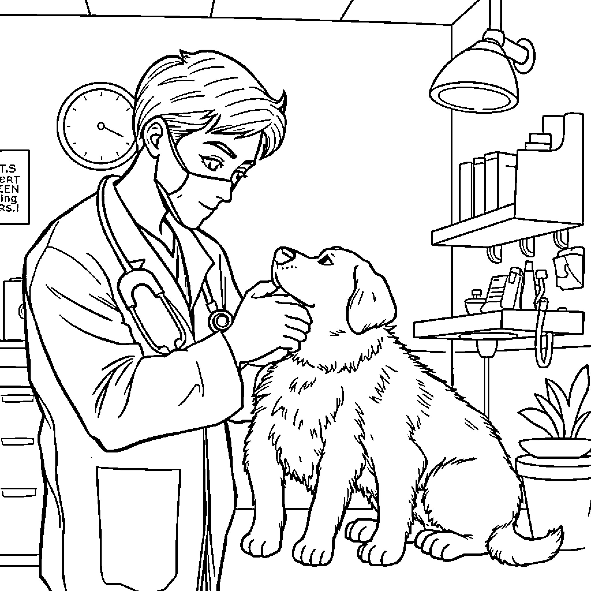 Vet caring for a furry patient Coloring Page (free black-and-white line drawing printable PDF for all, from beginners to advanced learners, including children, teens, adults, and seniors)
