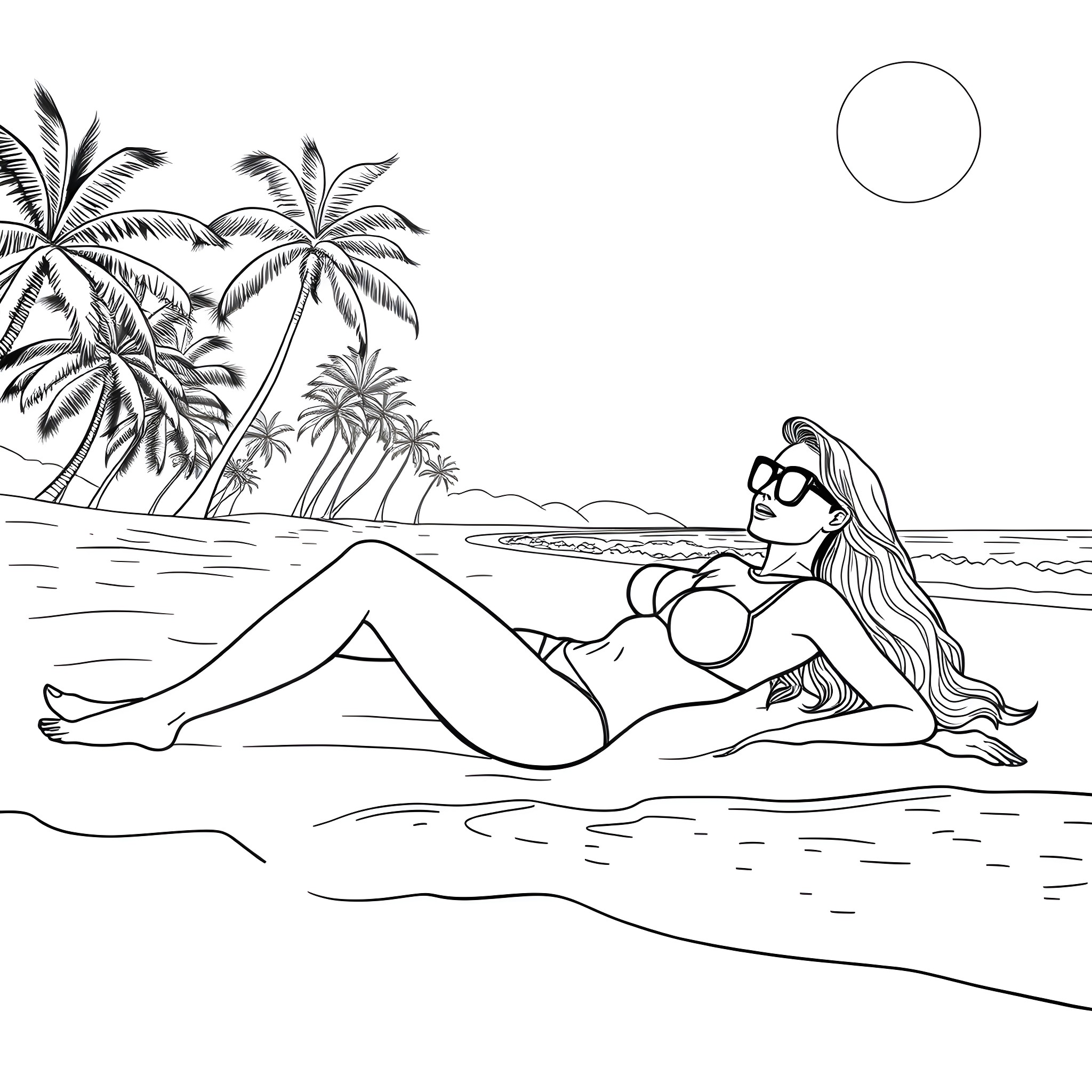 Woman relaxing on the beach under palm trees Coloring Page (free black-and-white line drawing printable PDF for all, from beginners to advanced learners, including children, teens, adults, and seniors)
