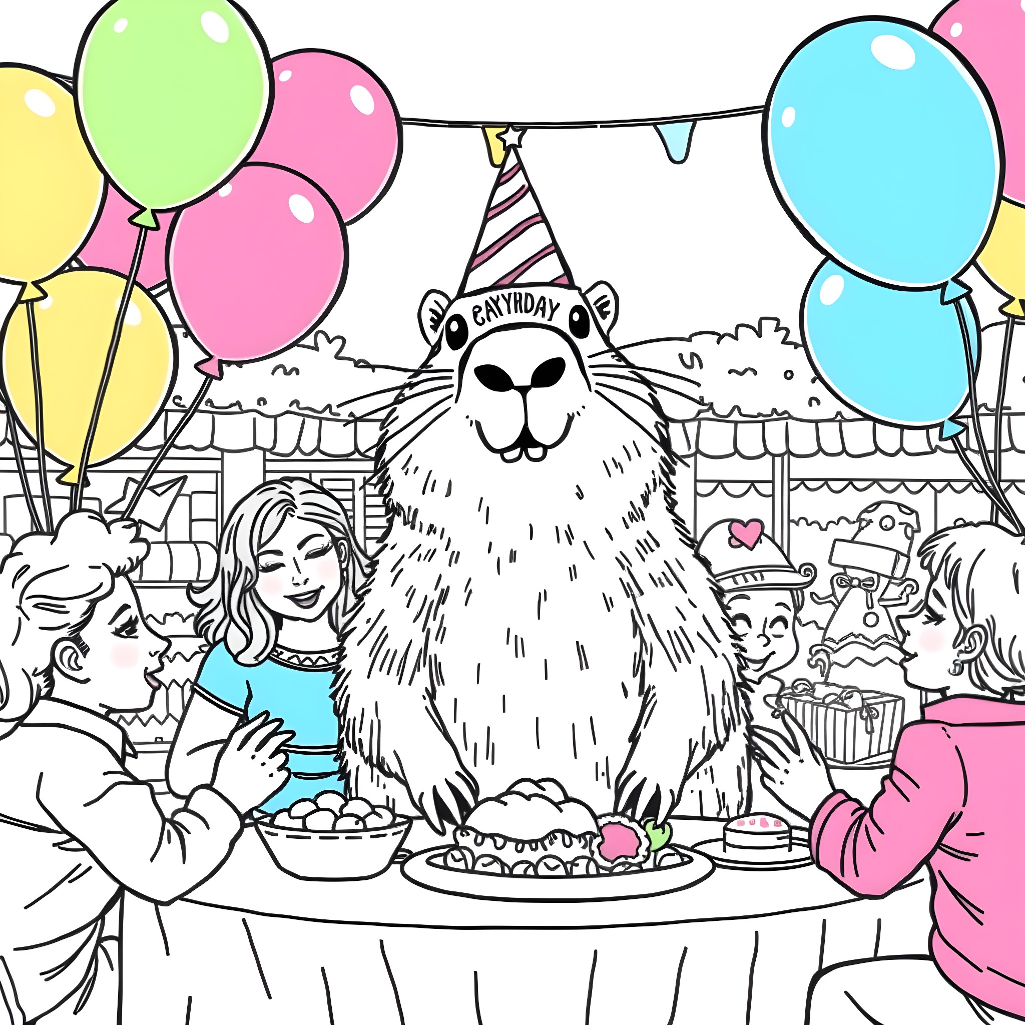 Capybara celebrating a festive birthday party Coloring Page (free black-and-white line drawing printable PDF for all, from beginners to advanced learners, including children, teens, adults, and seniors)