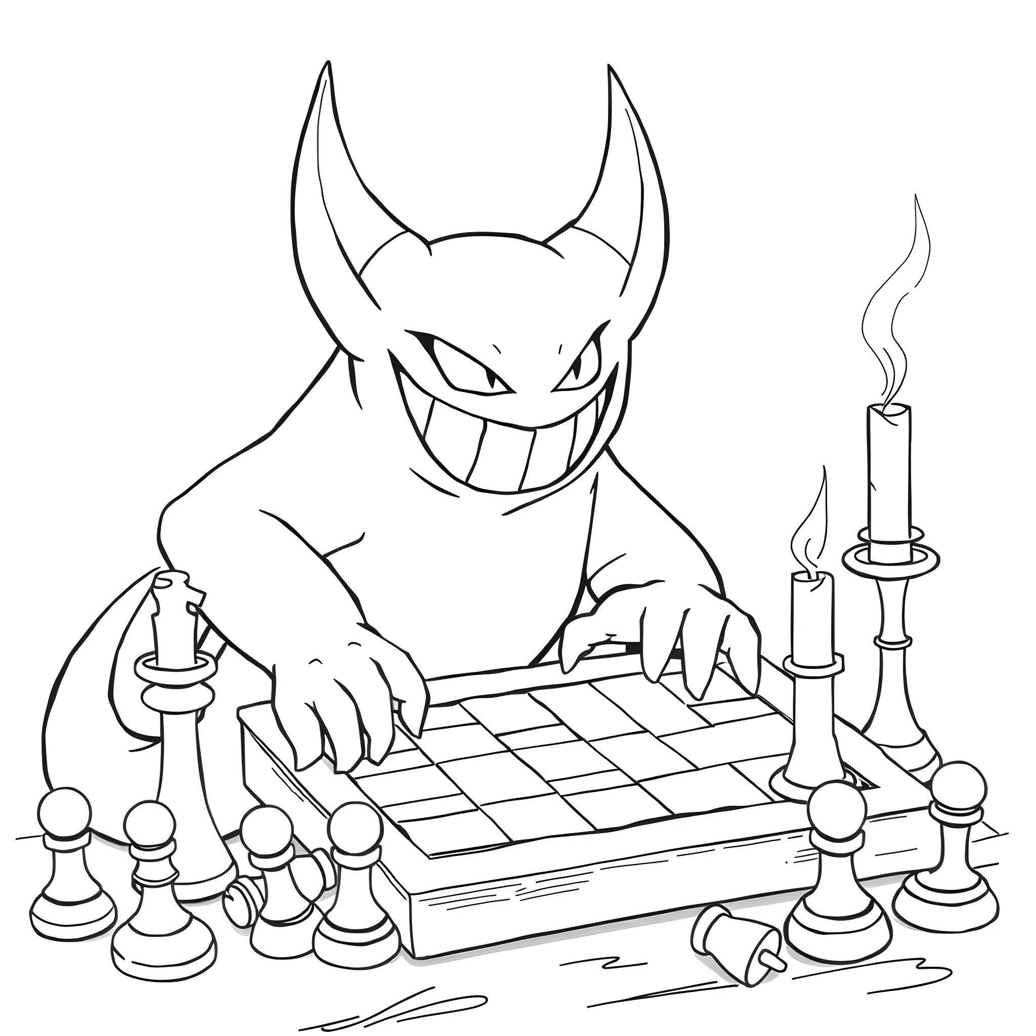 Gengar playing chess with candles Coloring Page (free black-and-white line drawing printable PDF for all, from beginners to advanced learners, including children, teens, adults, and seniors)