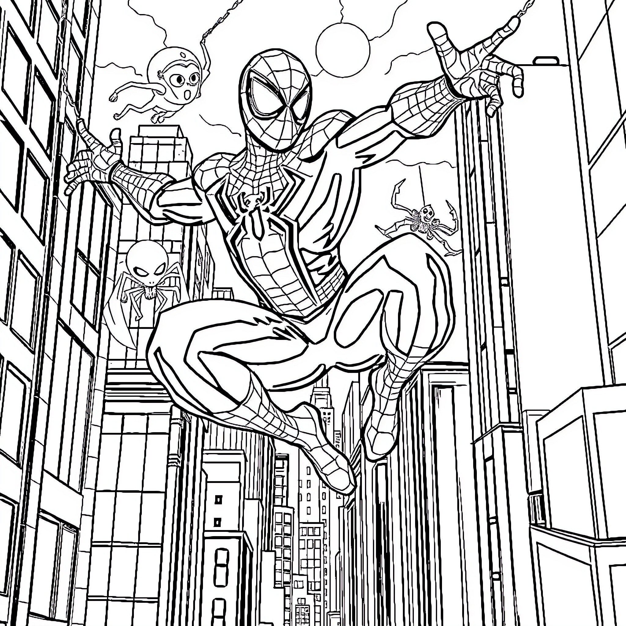 Spiderman swinging through the city with his superpowers Coloring Page (free black-and-white line drawing printable PDF for all, from beginners to advanced learners, including children, teens, adults, and seniors)