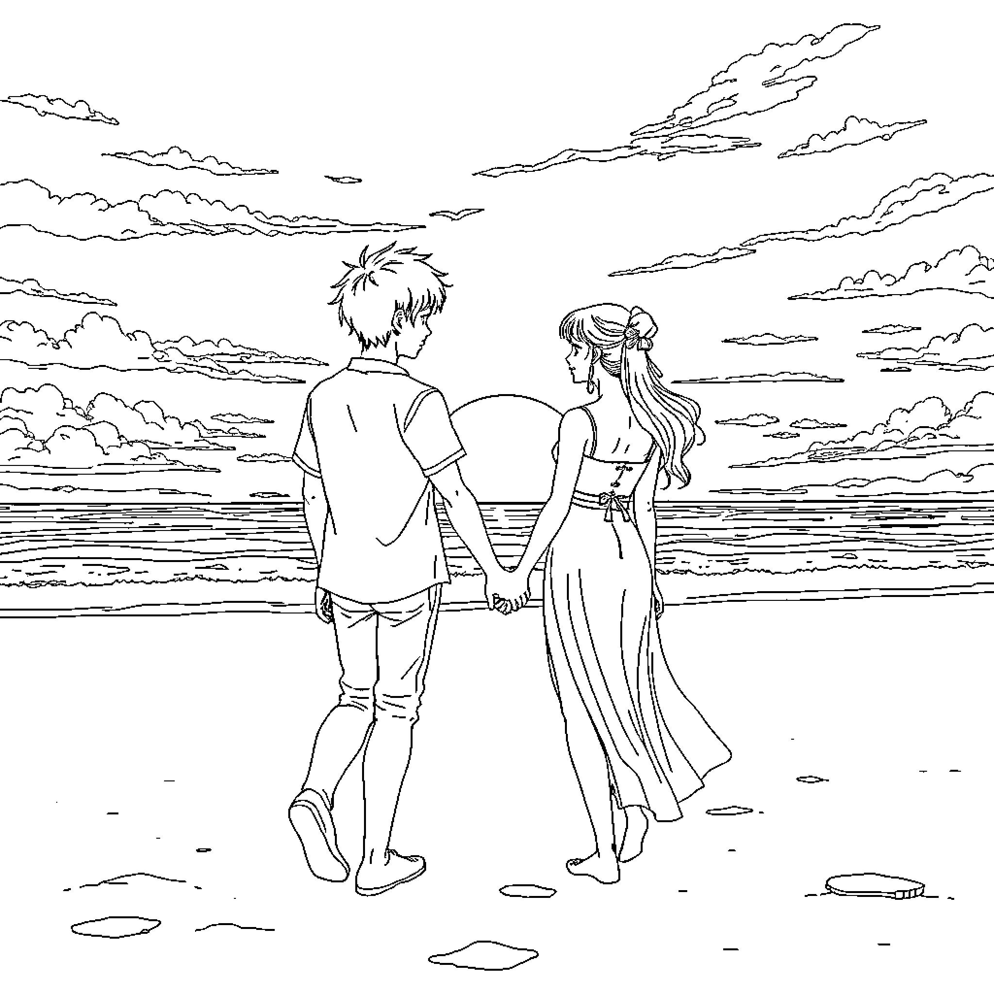 Sakura Couple Strolling Along the Beach Coloring Page (free black-and-white line drawing printable PDF for all, from beginners to advanced learners, including children, teens, adults, and seniors)