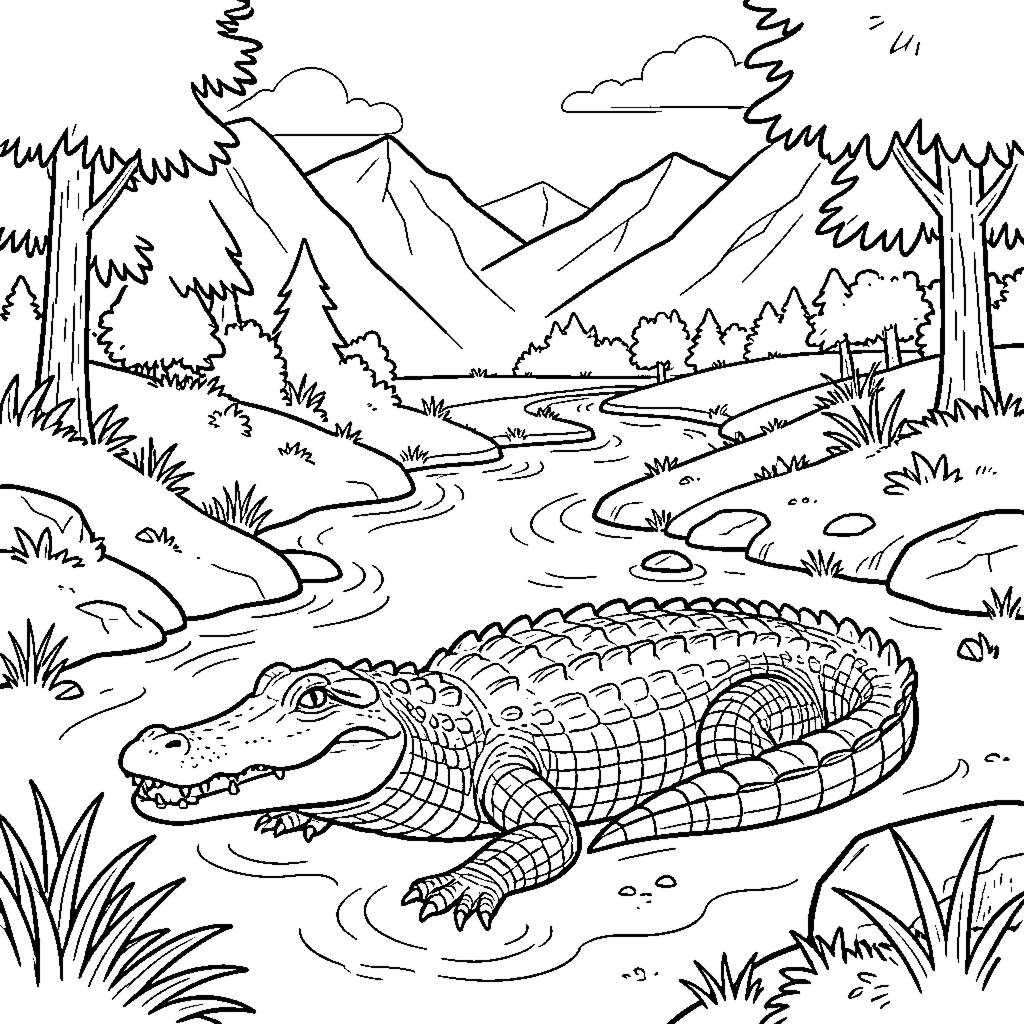Crocodile resting peacefully by a winding river Coloring Page (free black-and-white line drawing printable PDF for all, from beginners to advanced learners, including children, teens, adults, and seniors)