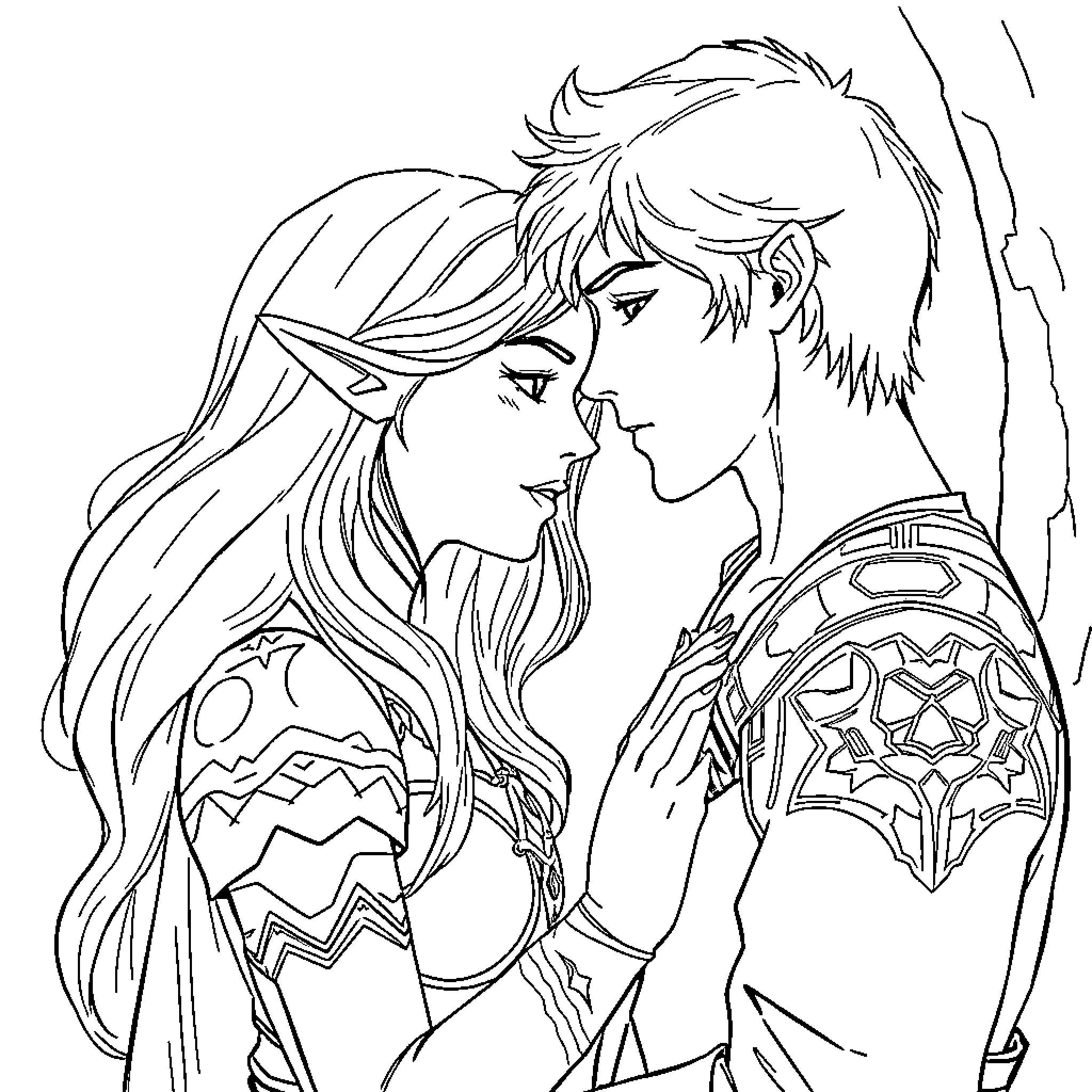 Zelda characters in romantic embrace Coloring Page (free black-and-white line drawing printable PDF for all, from beginners to advanced learners, including children, teens, adults, and seniors)