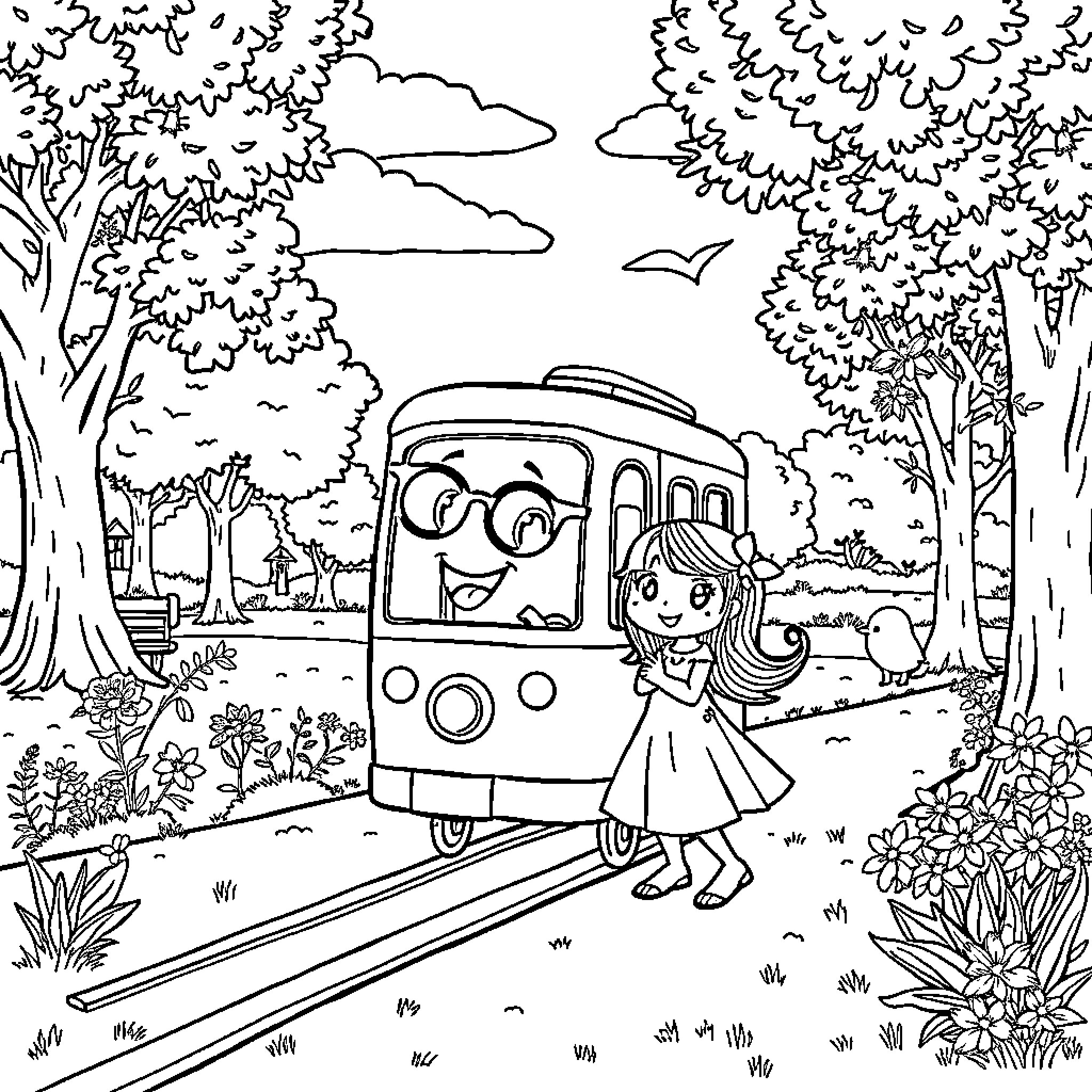 Tralalero girl playing with a happy train in the park Coloring Page (free black-and-white line drawing printable PDF for all, from beginners to advanced learners, including children, teens, adults, and seniors)