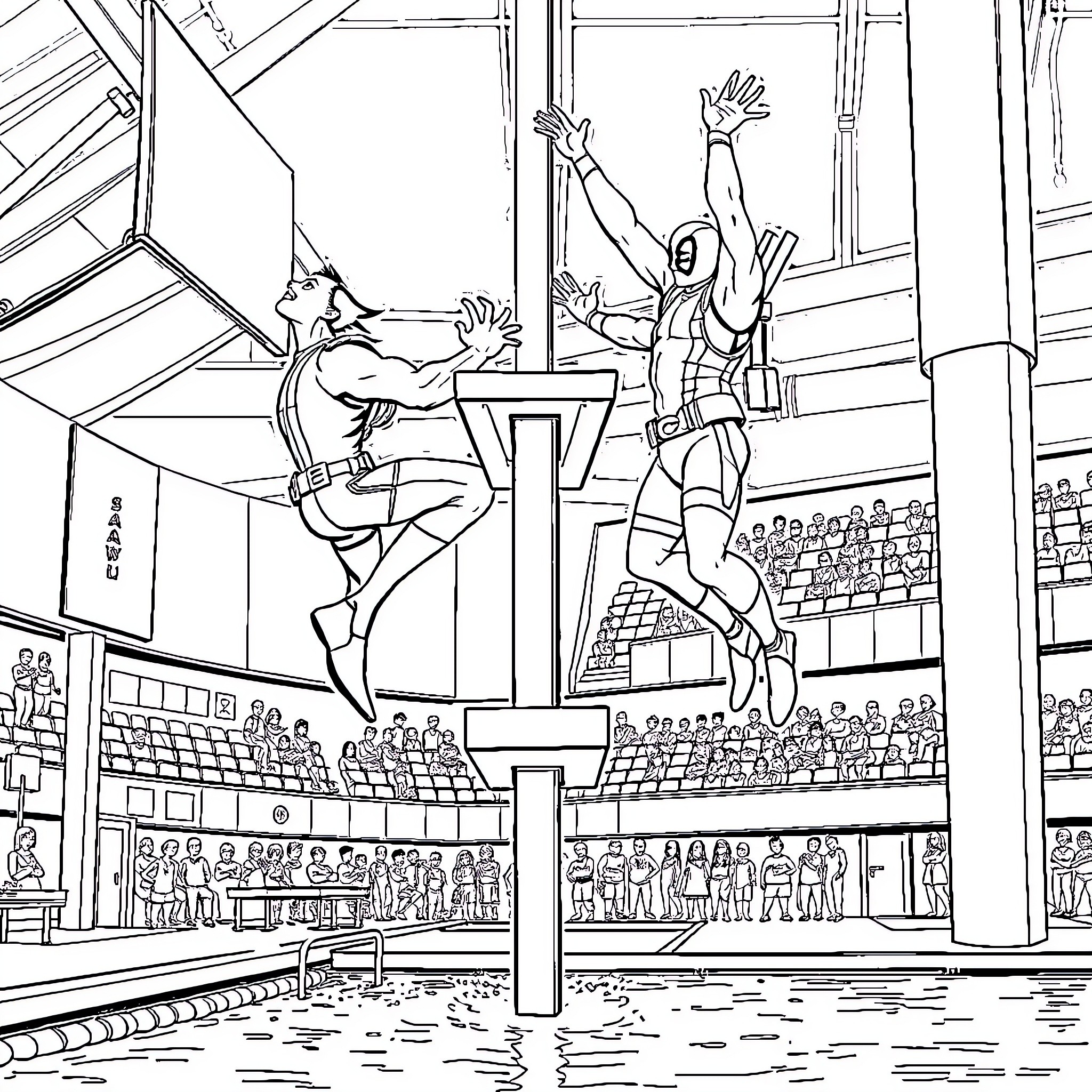 Wolverine unleashing his claws in an action-packed wrestling match Coloring Page (free black-and-white line drawing printable PDF for all, from beginners to advanced learners, including children, teens, adults, and seniors)