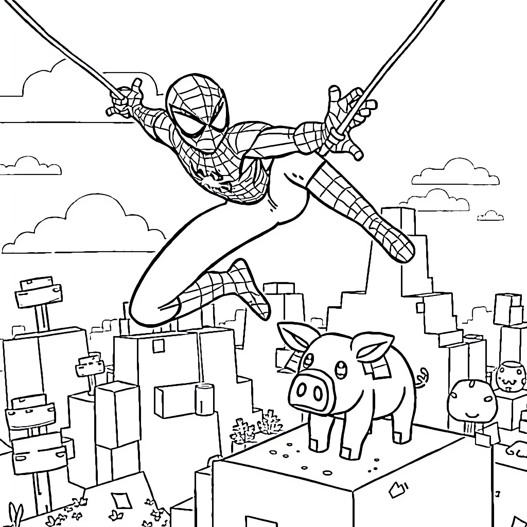 Spiderman swinging through the city with cartoon characters Coloring Page (free black-and-white line drawing printable PDF for all, from beginners to advanced learners, including children, teens, adults, and seniors)