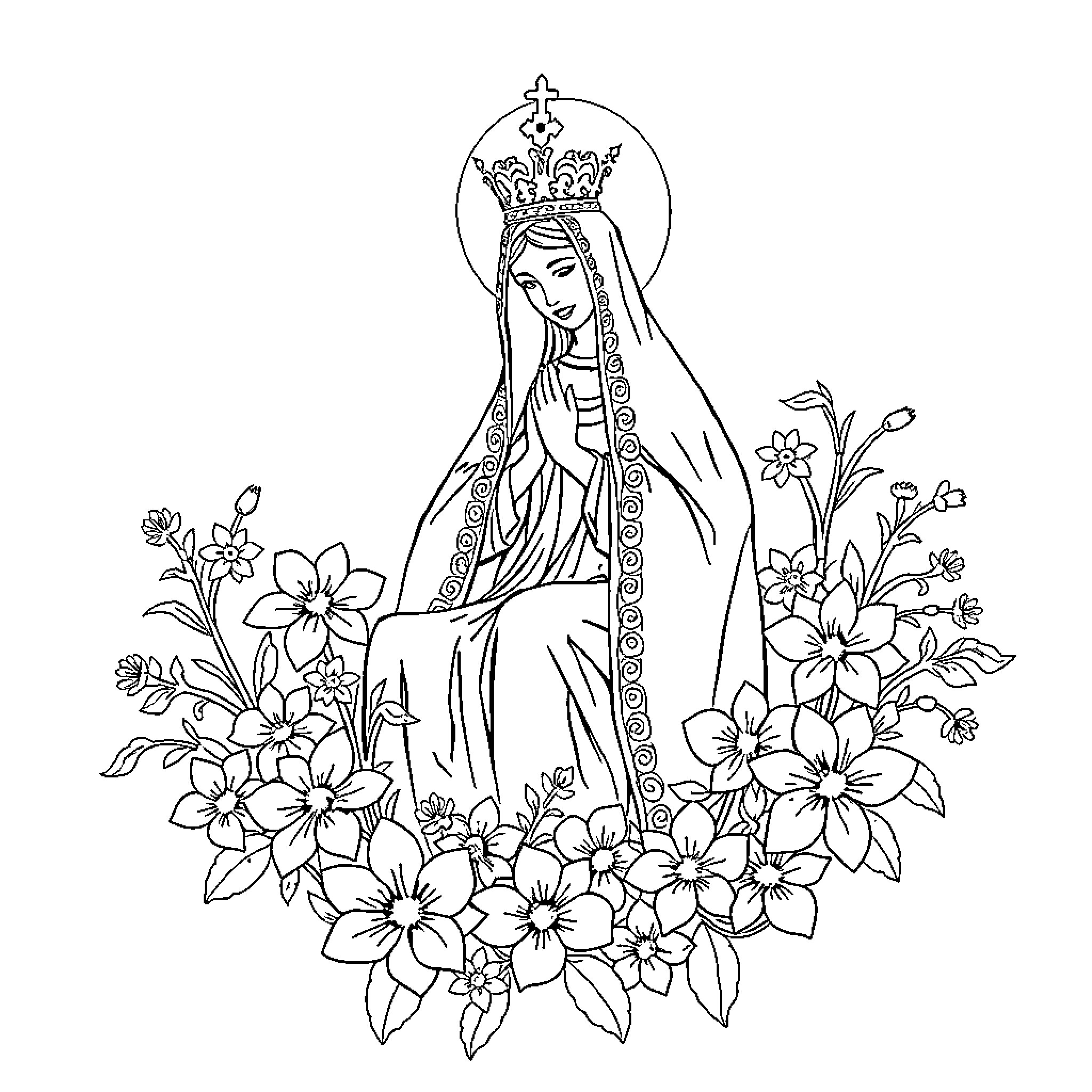 Virgen surrounded by blooming flowers Coloring Page (free black-and-white line drawing printable PDF for all, from beginners to advanced learners, including children, teens, adults, and seniors)