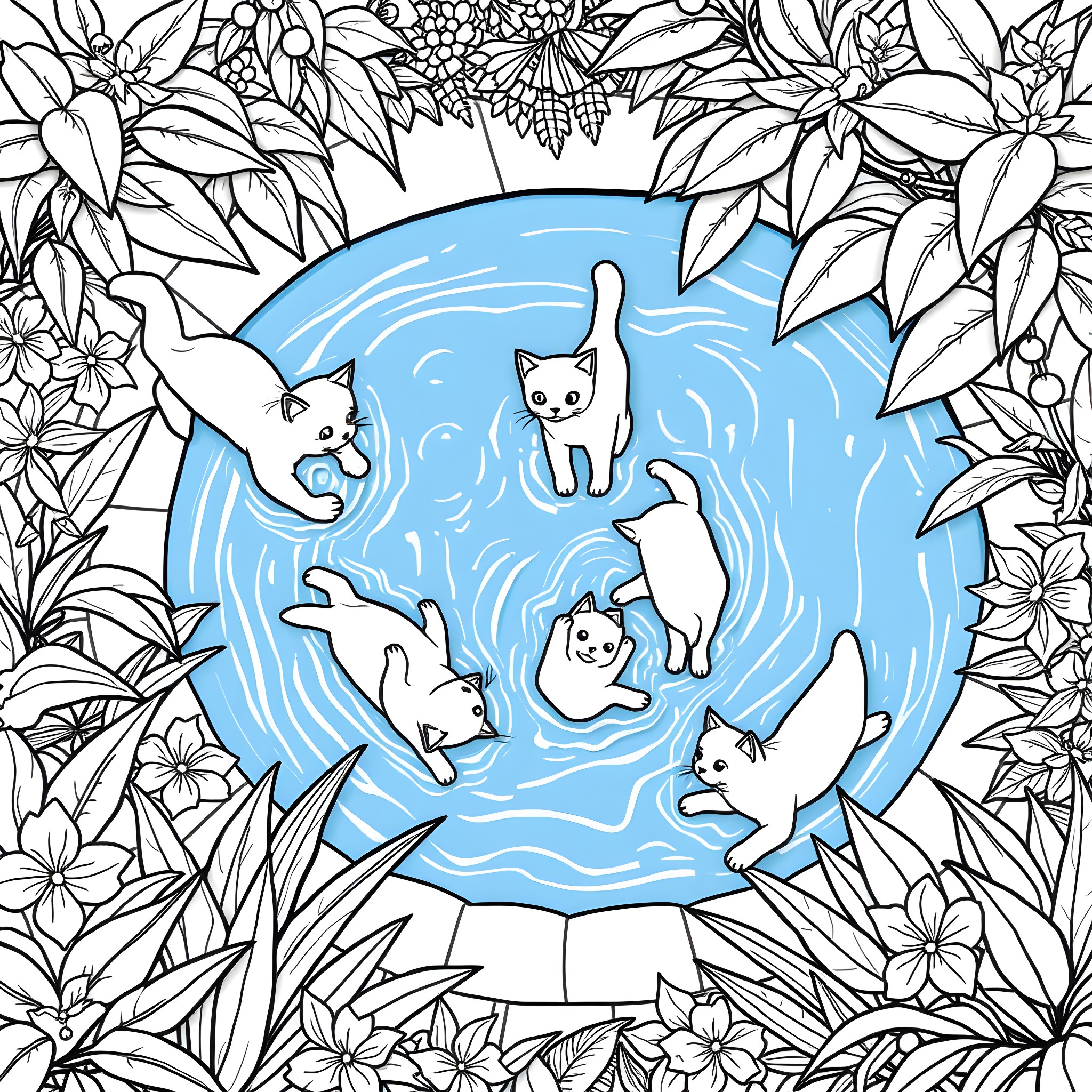 Cat playing and swimming in a floral pond Coloring Page (free black-and-white line drawing printable PDF for all, from beginners to advanced learners, including children, teens, adults, and seniors)