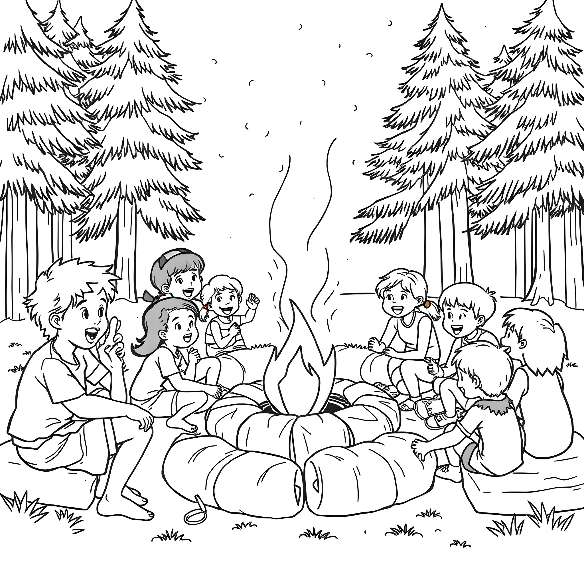 Kid friends having fun by the campfire in the woods Coloring Page (free black-and-white line drawing printable PDF for all, from beginners to advanced learners, including children, teens, adults, and seniors)
