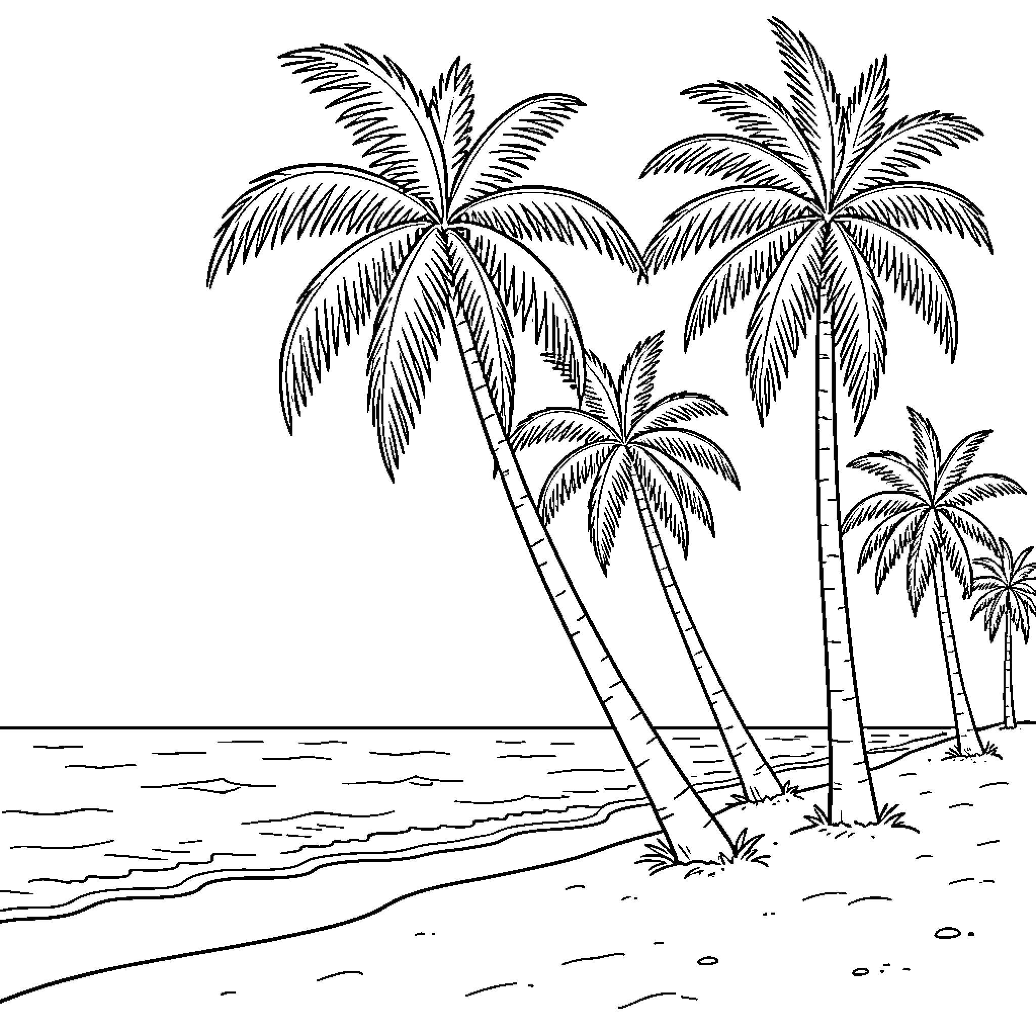 Palm trees growing along a tropical sandy shoreline Coloring Page (free black-and-white line drawing printable PDF for all, from beginners to advanced learners, including children, teens, adults, and seniors)