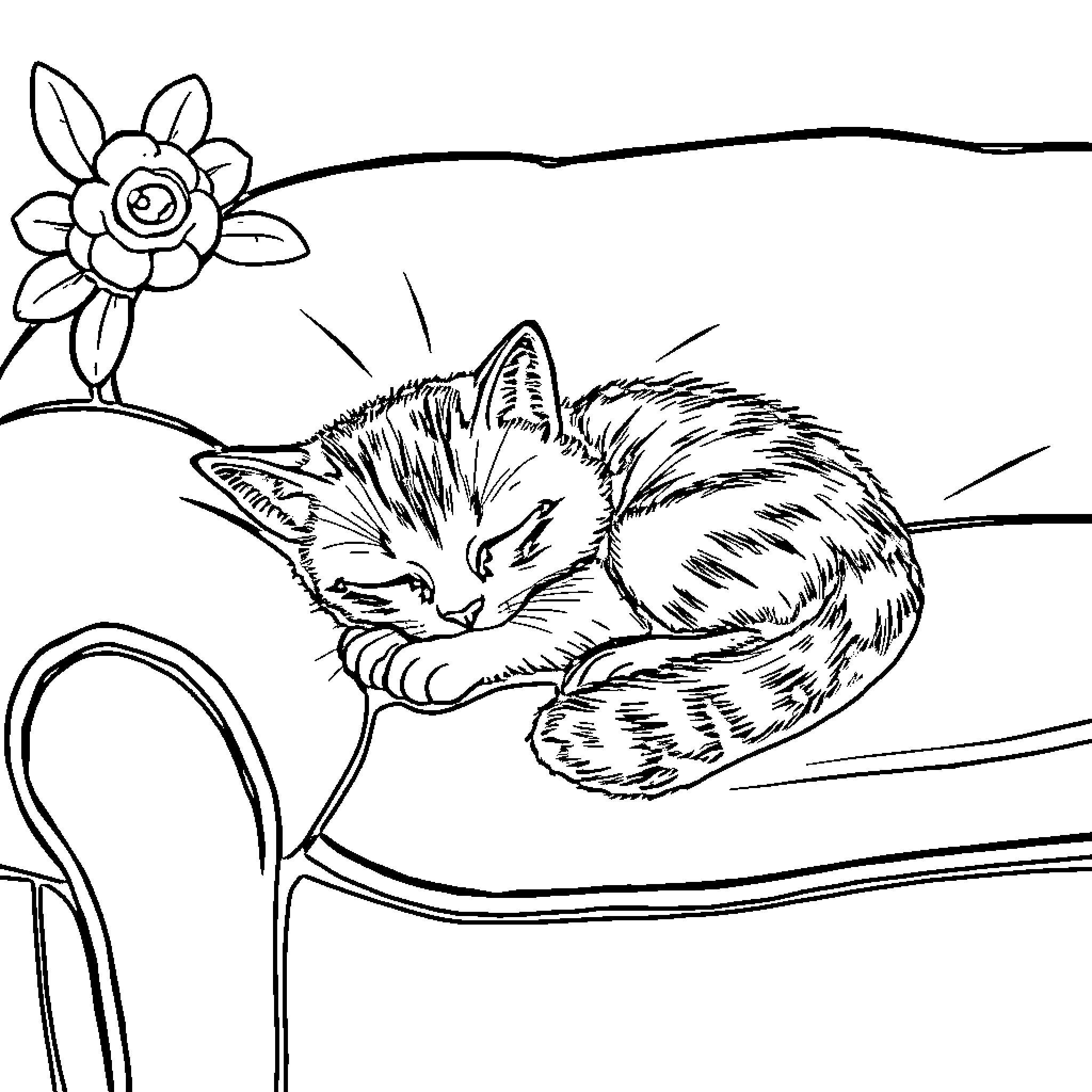 Cat napping on chair with flower Coloring Page (free black-and-white line drawing printable PDF for all, from beginners to advanced learners, including children, teens, adults, and seniors)