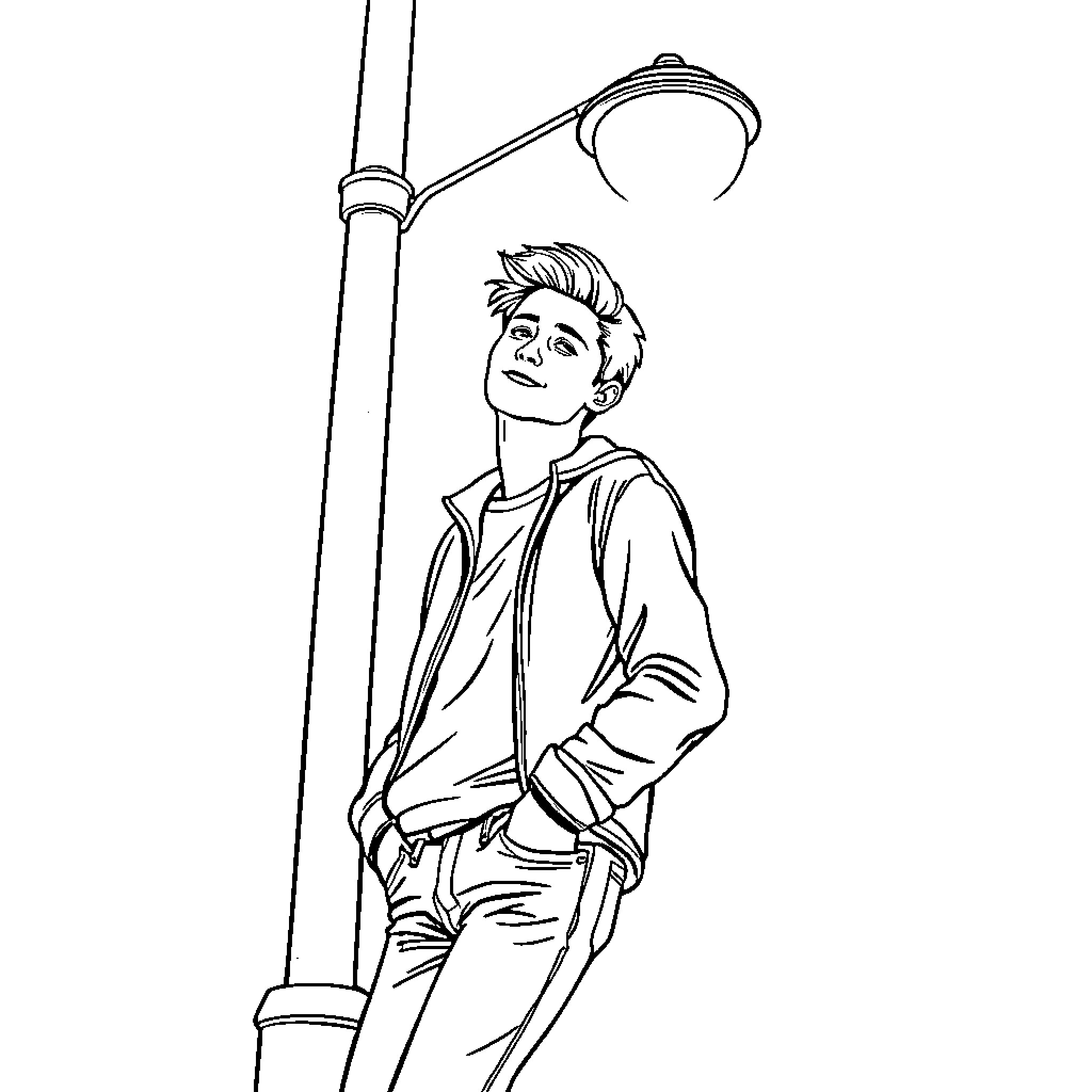Person standing under a street lamp Coloring Page (free black-and-white line drawing printable PDF for all, from beginners to advanced learners, including children, teens, adults, and seniors)