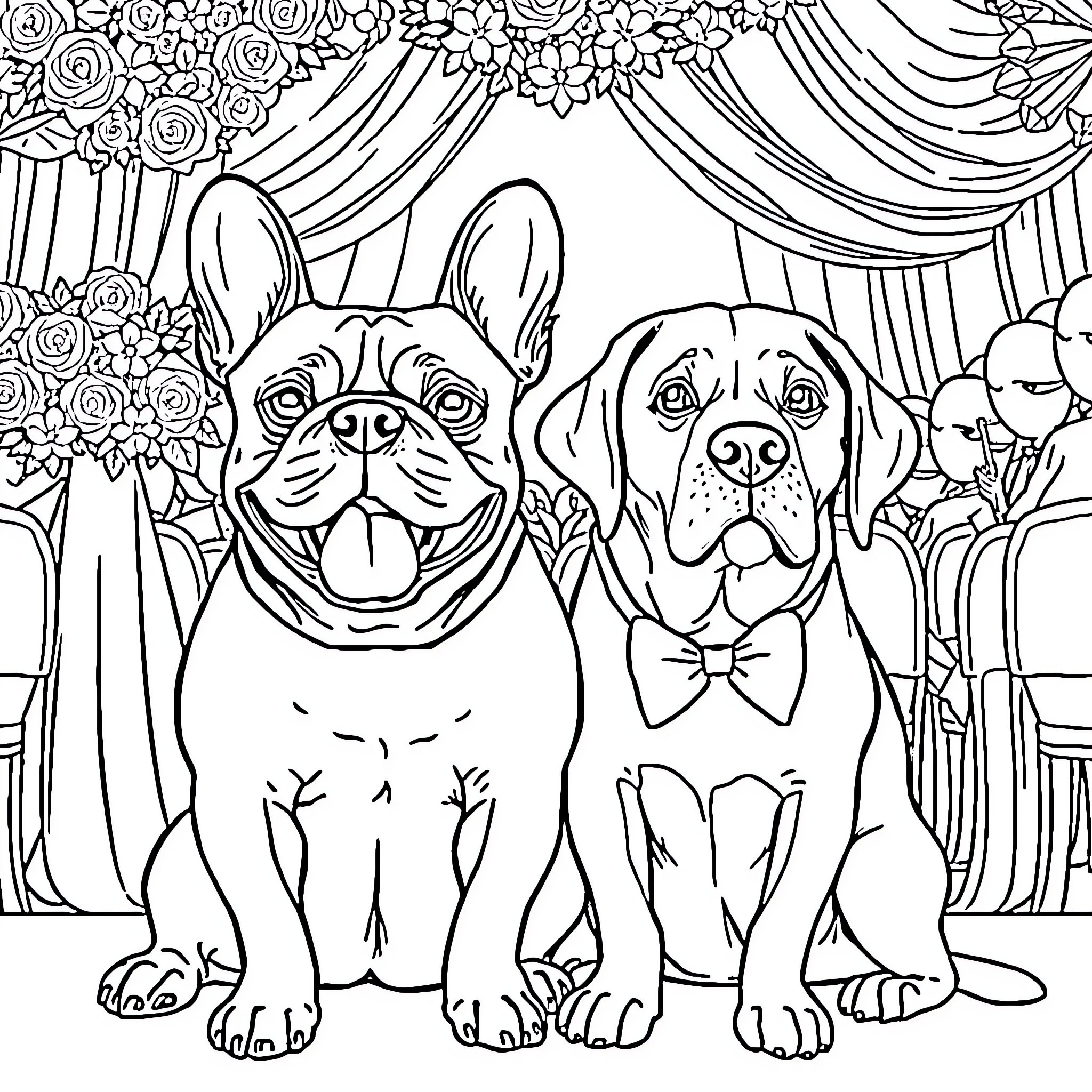 Dog pair posing on floral stage Coloring Page (free black-and-white line drawing printable PDF for all, from beginners to advanced learners, including children, teens, adults, and seniors)