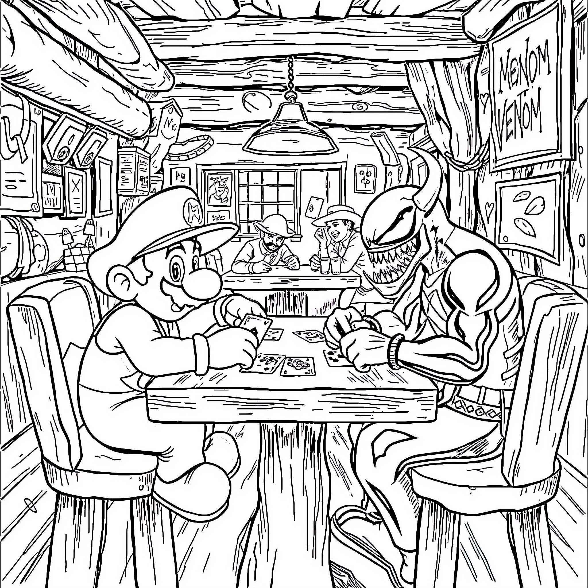 Mario and friends playing cards in a cozy cabin Coloring Page (free black-and-white line drawing printable PDF for all, from beginners to advanced learners, including children, teens, adults, and seniors)
