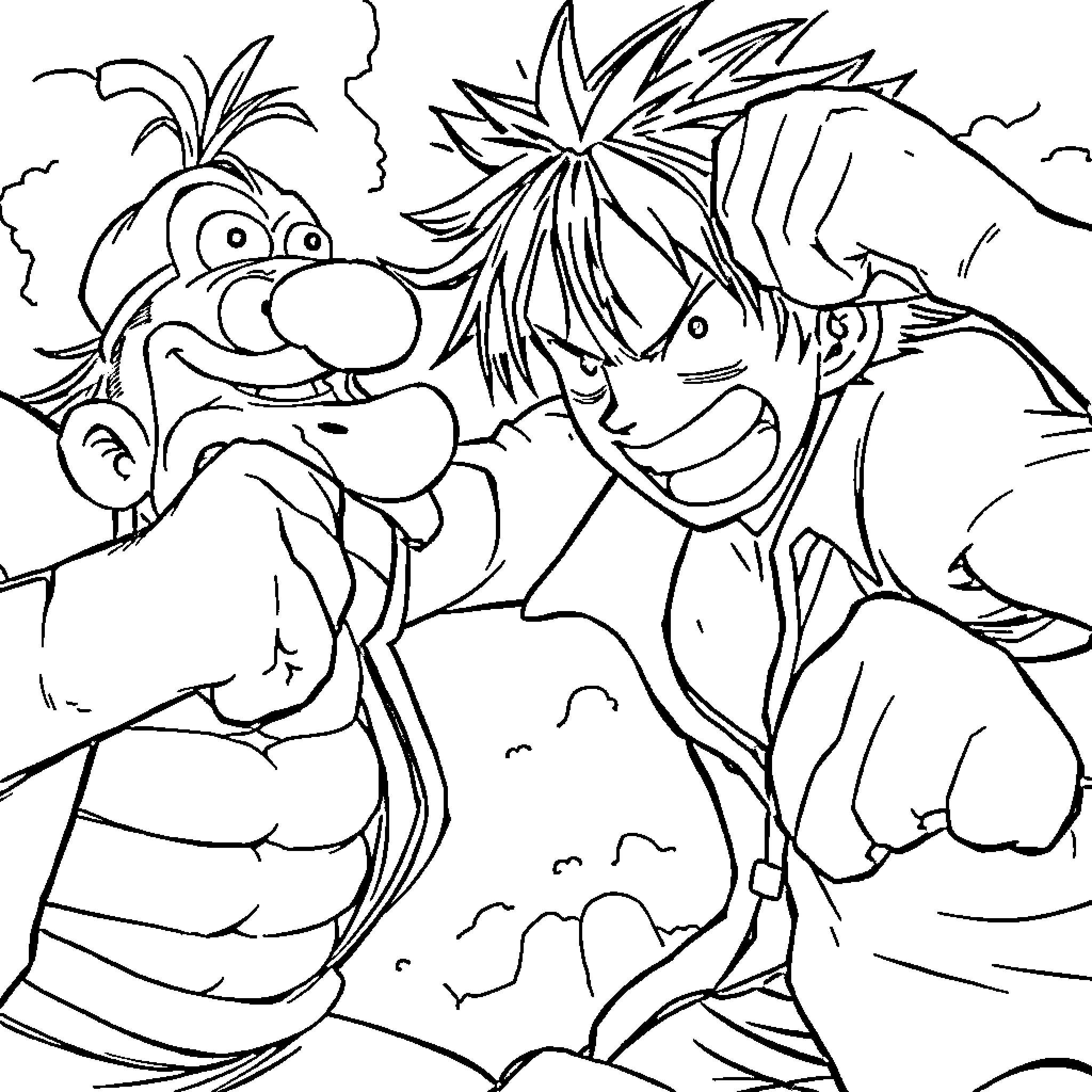 Monkey D Luffy's Adventurous Encounter with a Peculiar Creature Coloring Page (free black-and-white line drawing printable PDF for all, from beginners to advanced learners, including children, teens, adults, and seniors)