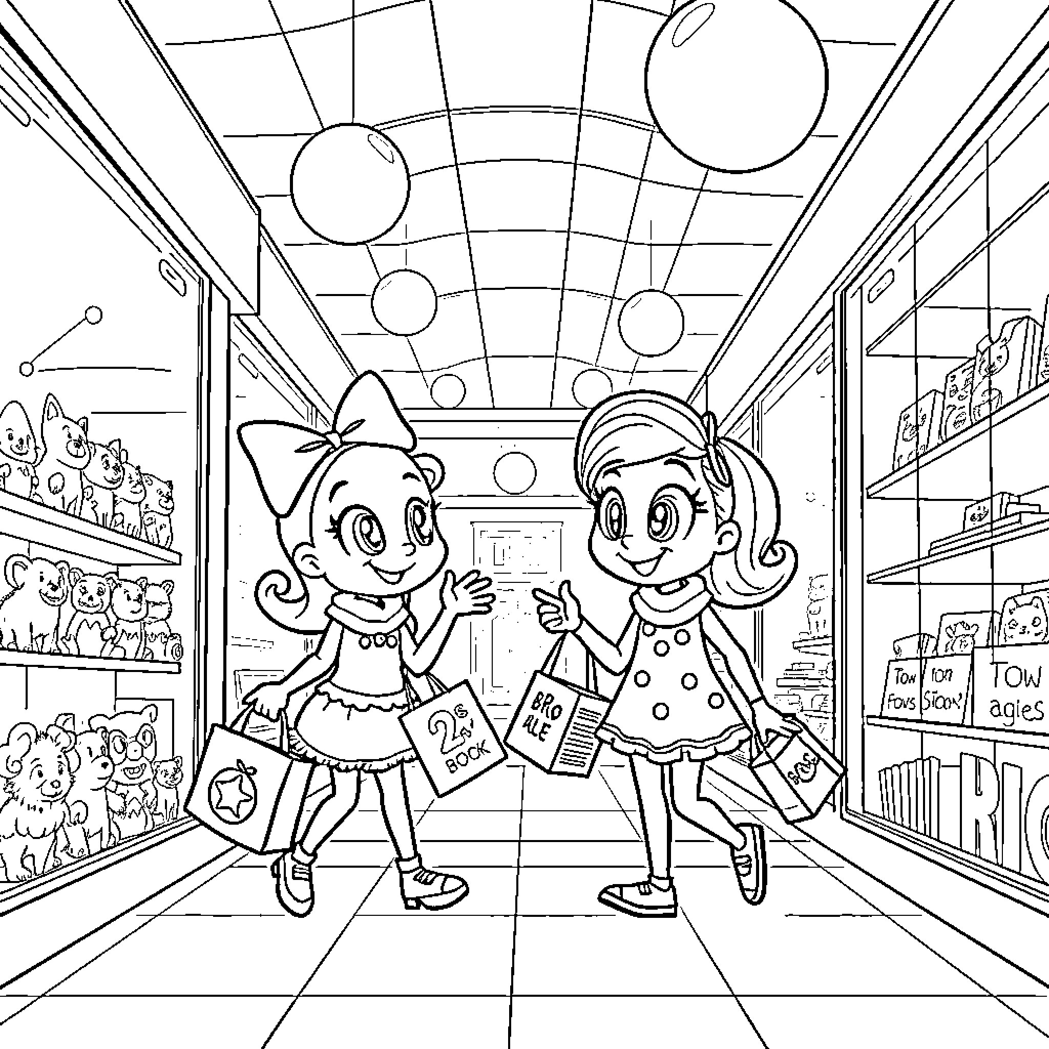 Bluey and friend explore toy store Coloring Page (free black-and-white line drawing printable PDF for all, from beginners to advanced learners, including children, teens, adults, and seniors)