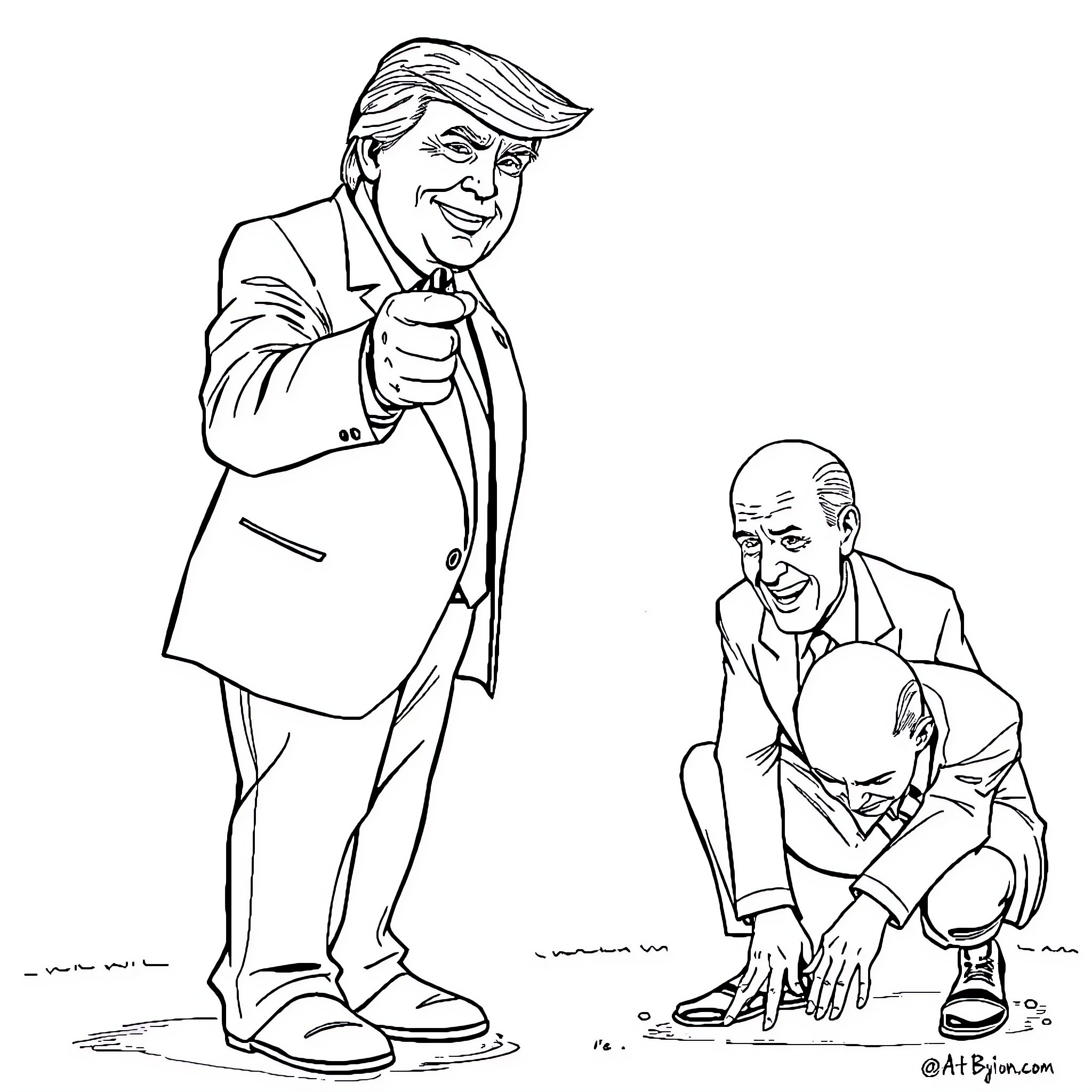 Donald Trump gesturing and interacting with an unknown individual Coloring Page (free black-and-white line drawing printable PDF for all, from beginners to advanced learners, including children, teens, adults, and seniors)