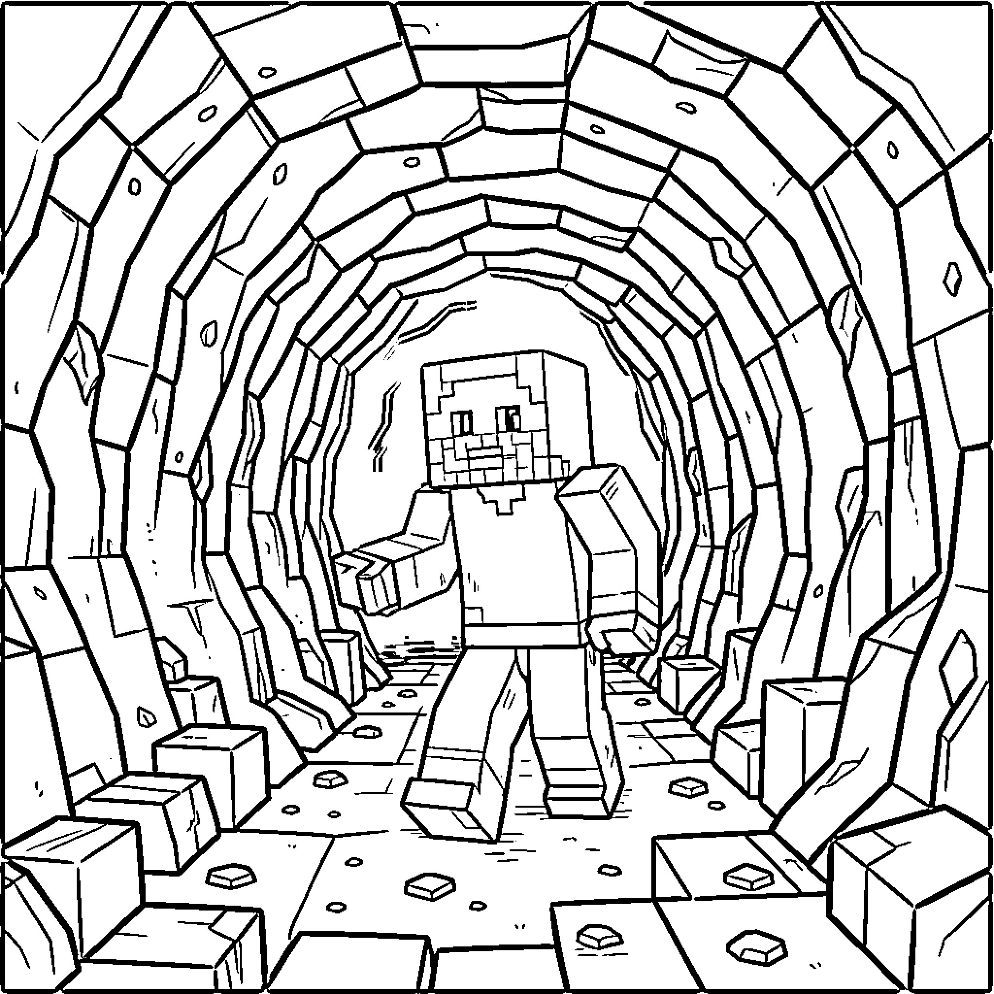 Minecraft character walking through a deep stone tunnel Coloring Page (free black-and-white line drawing printable PDF for all, from beginners to advanced learners, including children, teens, adults, and seniors)