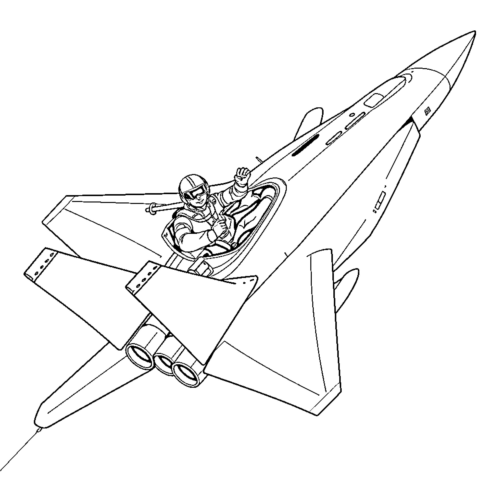 Pilot operating advanced jet fighter aircraft Coloring Page (free black-and-white line drawing printable PDF for all, from beginners to advanced learners, including children, teens, adults, and seniors)