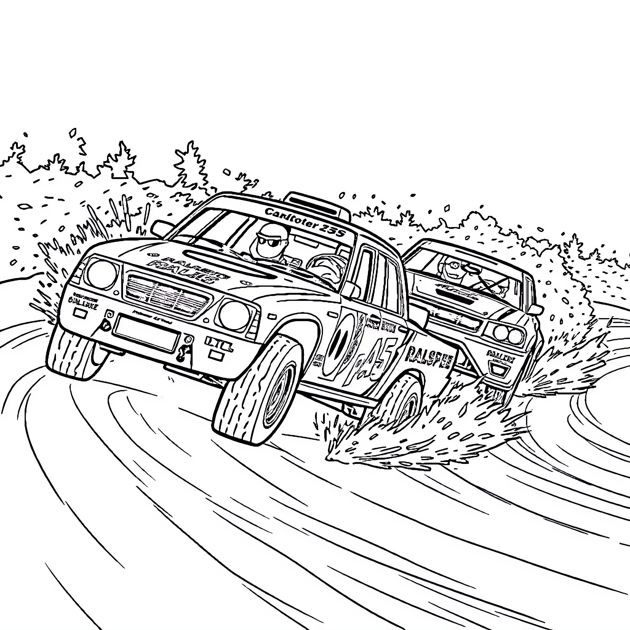 Rally Car Racing Through Rugged Terrain Coloring Page (free black-and-white line drawing printable PDF for all, from beginners to advanced learners, including children, teens, adults, and seniors)