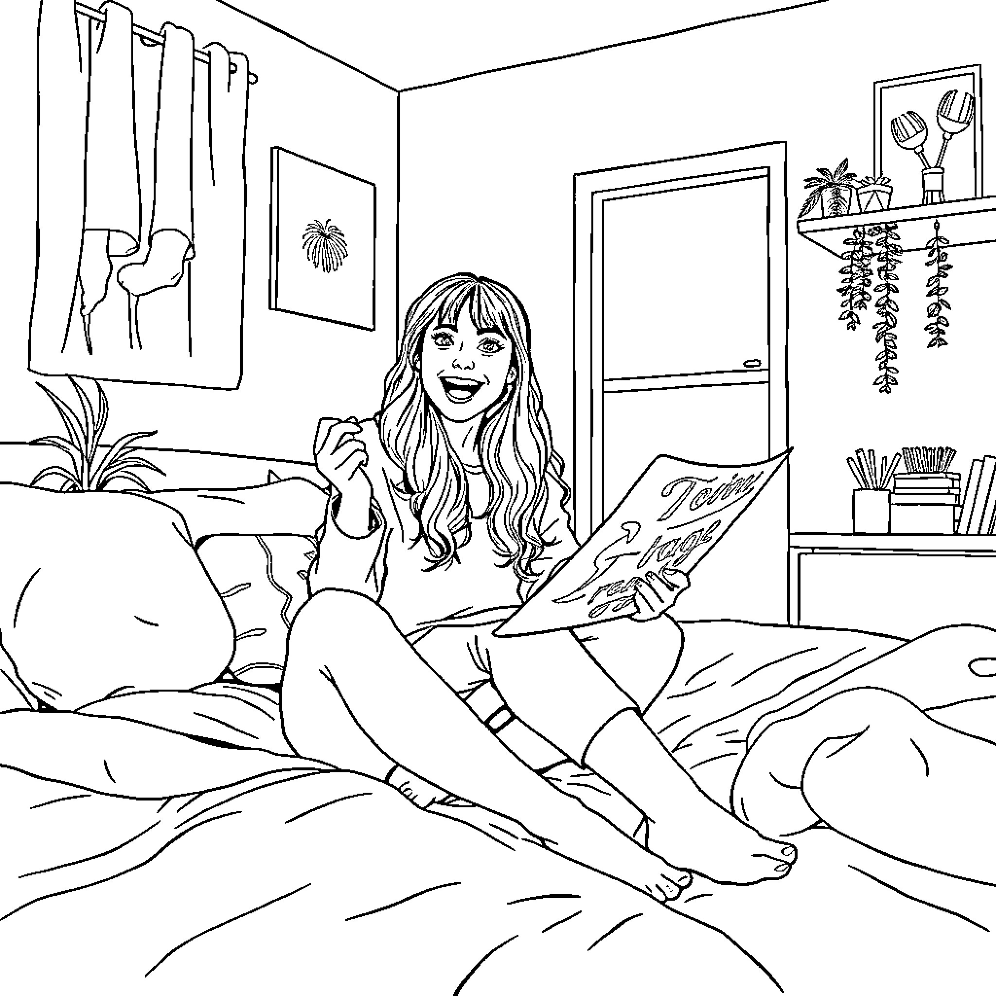 Léna enjoys reading a book on her bed Coloring Page (free black-and-white line drawing printable PDF for all, from beginners to advanced learners, including children, teens, adults, and seniors)