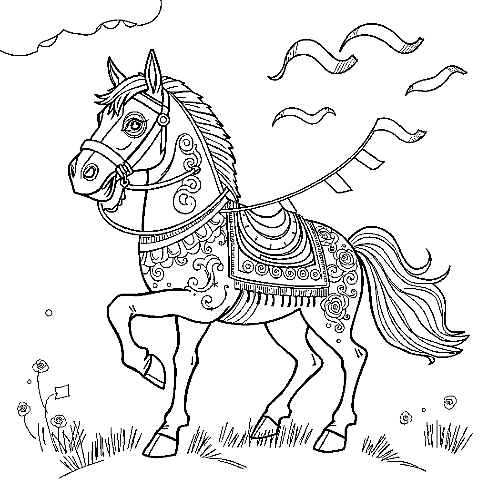 Horse with ornate decorations prancing in field Coloring Page (free black-and-white line drawing printable PDF for all, from beginners to advanced learners, including children, teens, adults, and seniors)