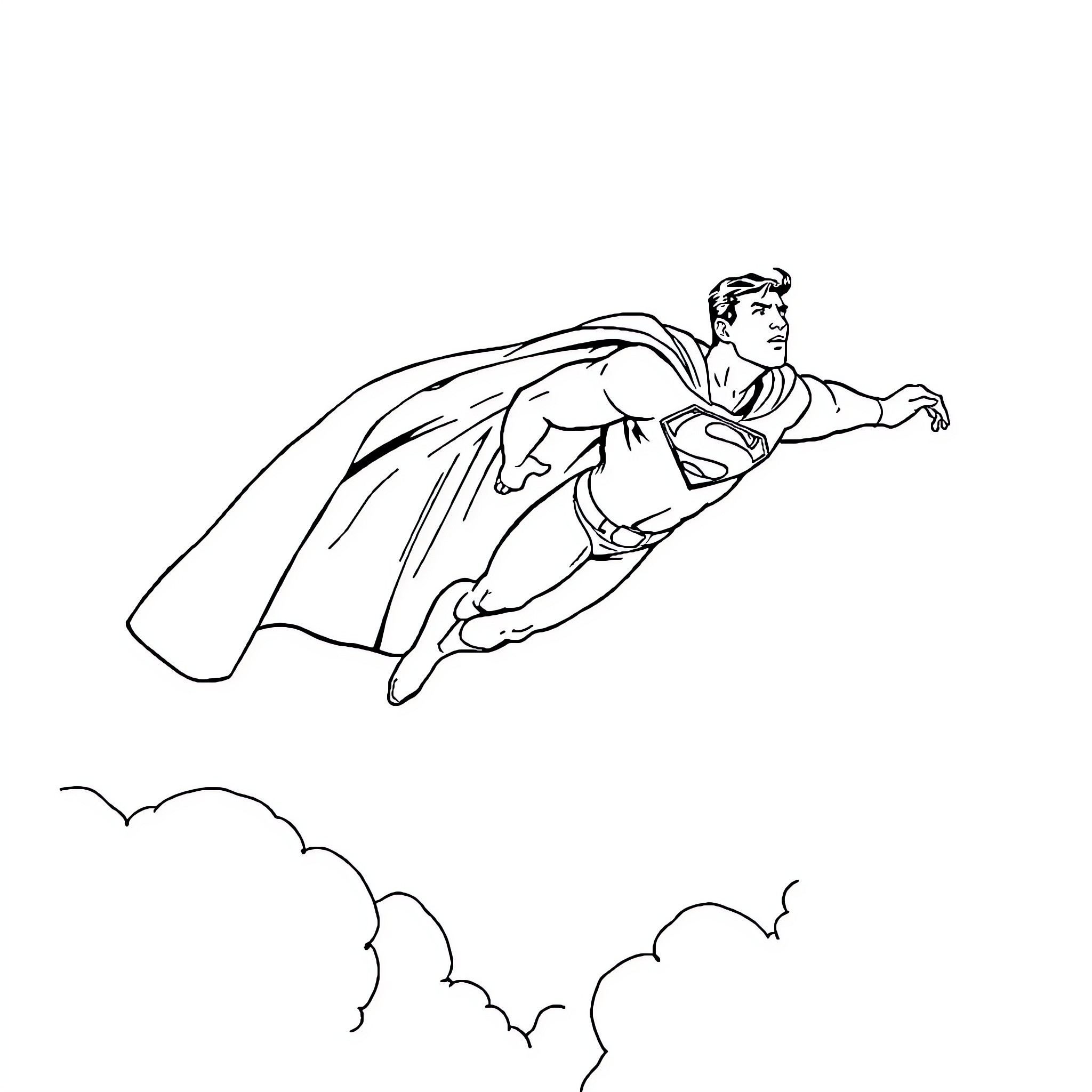 Superman soaring heroically through the skies Coloring Page (free black-and-white line drawing printable PDF for all, from beginners to advanced learners, including children, teens, adults, and seniors)