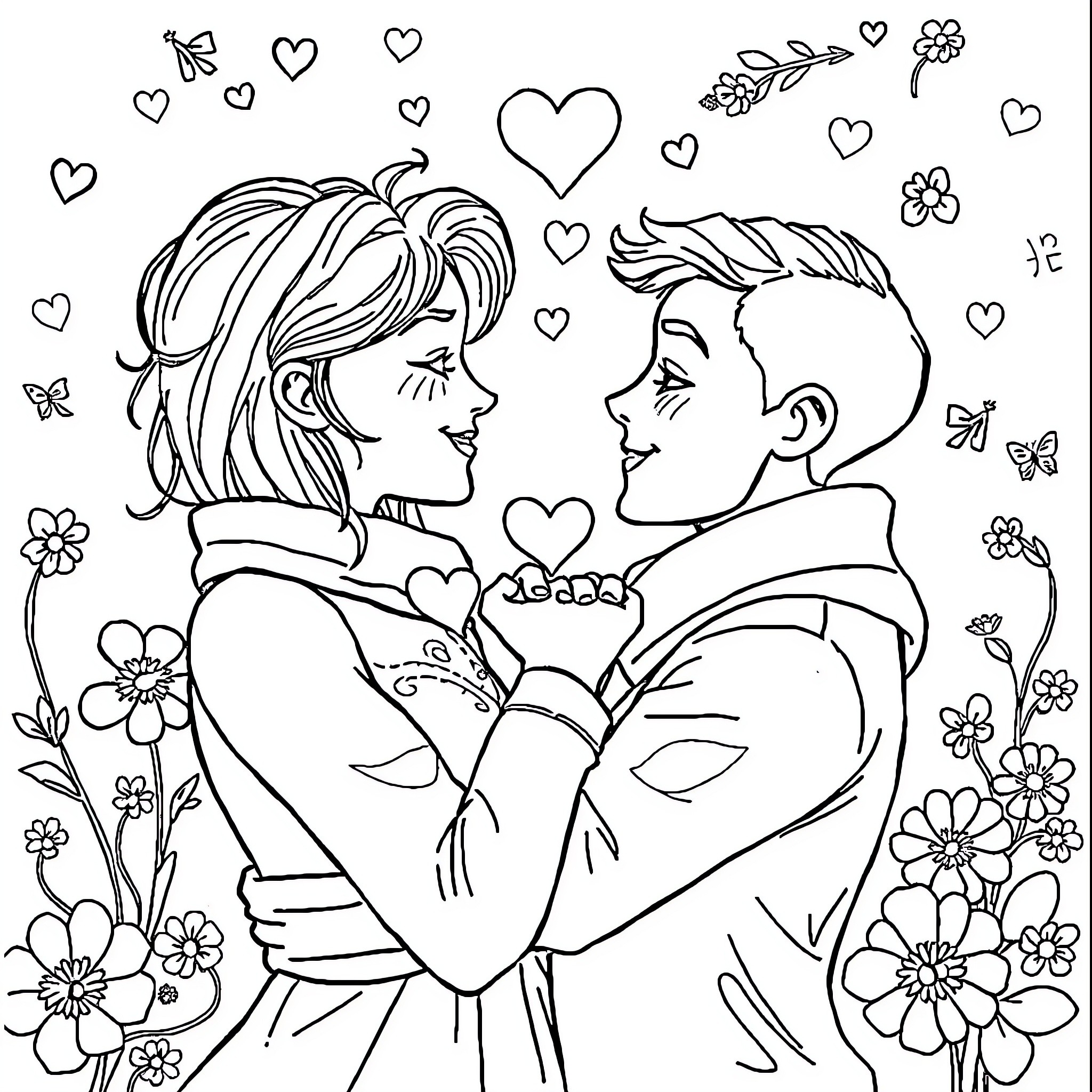 Love's Tender Embrace Coloring Page (free black-and-white line drawing printable PDF for all, from beginners to advanced learners, including children, teens, adults, and seniors)