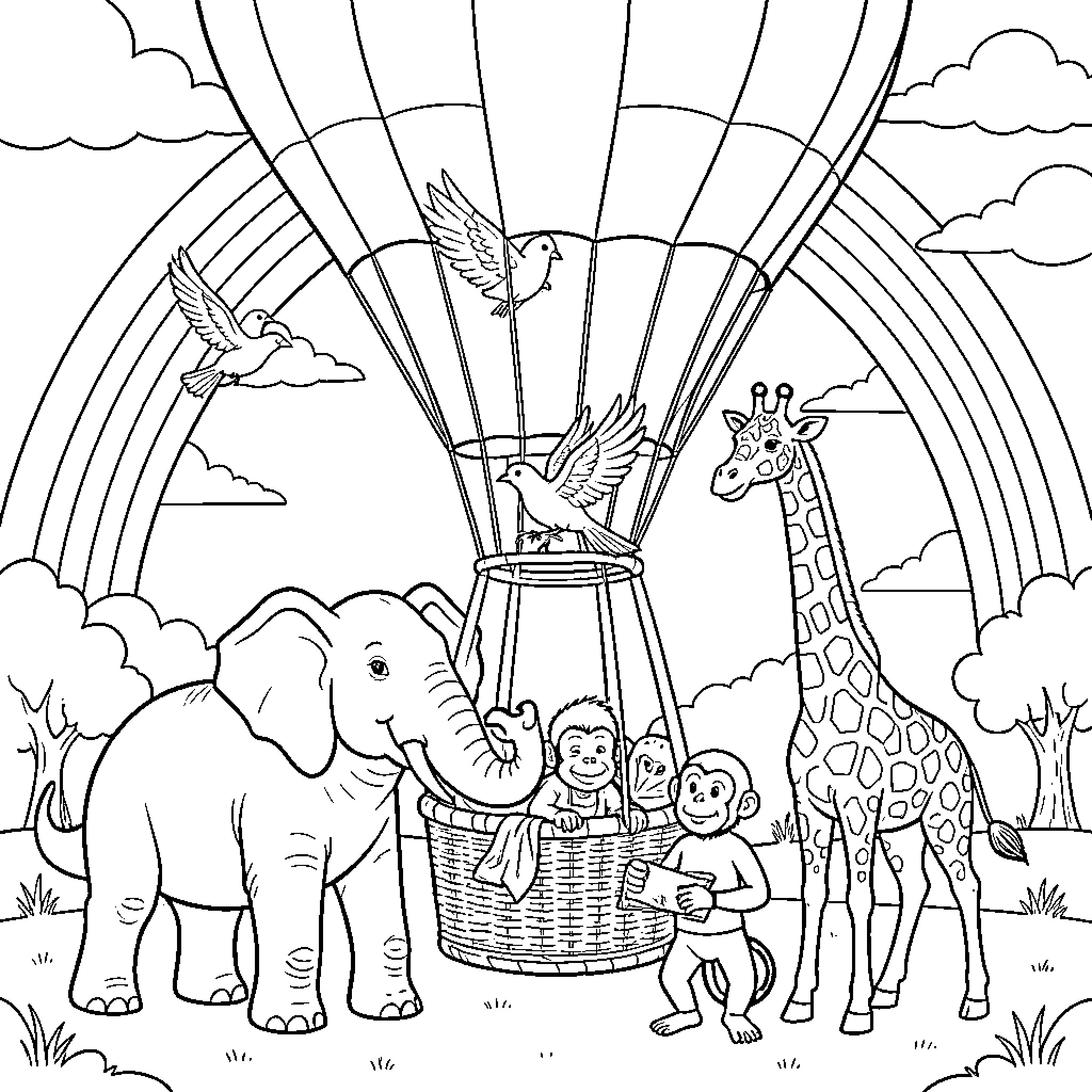Dinosaur sized animals gathering around a hot air balloon Coloring Page (free black-and-white line drawing printable PDF for all, from beginners to advanced learners, including children, teens, adults, and seniors)