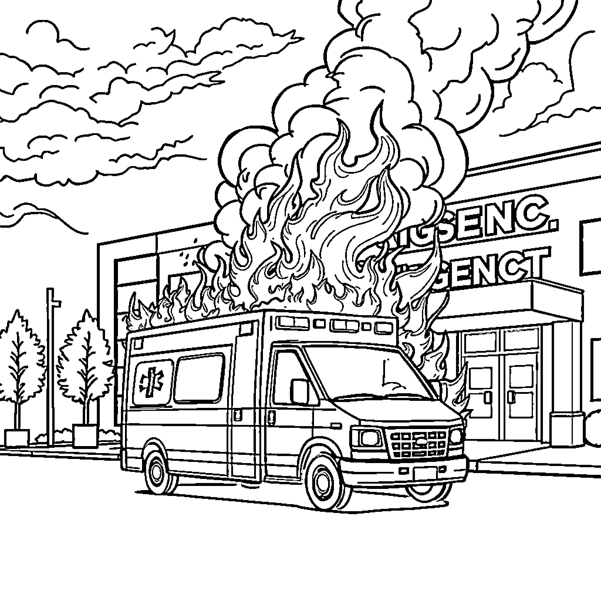 Ambulance with fire at emergency scene Coloring Page (free black-and-white line drawing printable PDF for all, from beginners to advanced learners, including children, teens, adults, and seniors)
