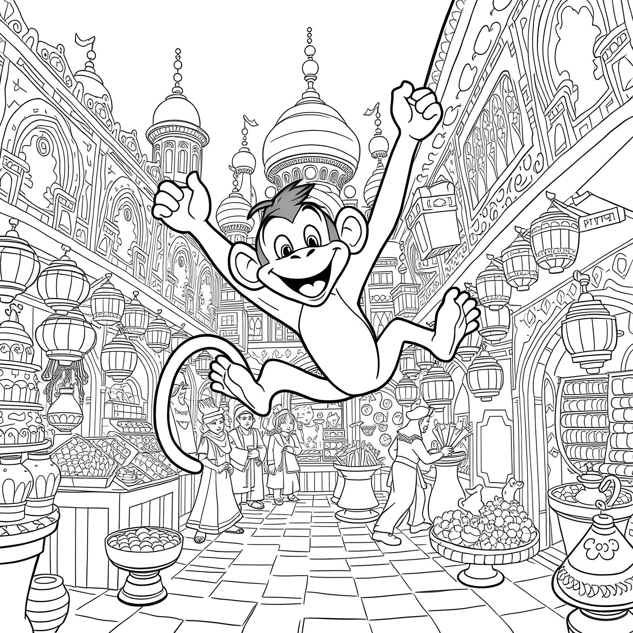 Abu Celebrates in the Bustling Middle Eastern Marketplace Coloring Page (free black-and-white line drawing printable PDF for all, from beginners to advanced learners, including children, teens, adults, and seniors)