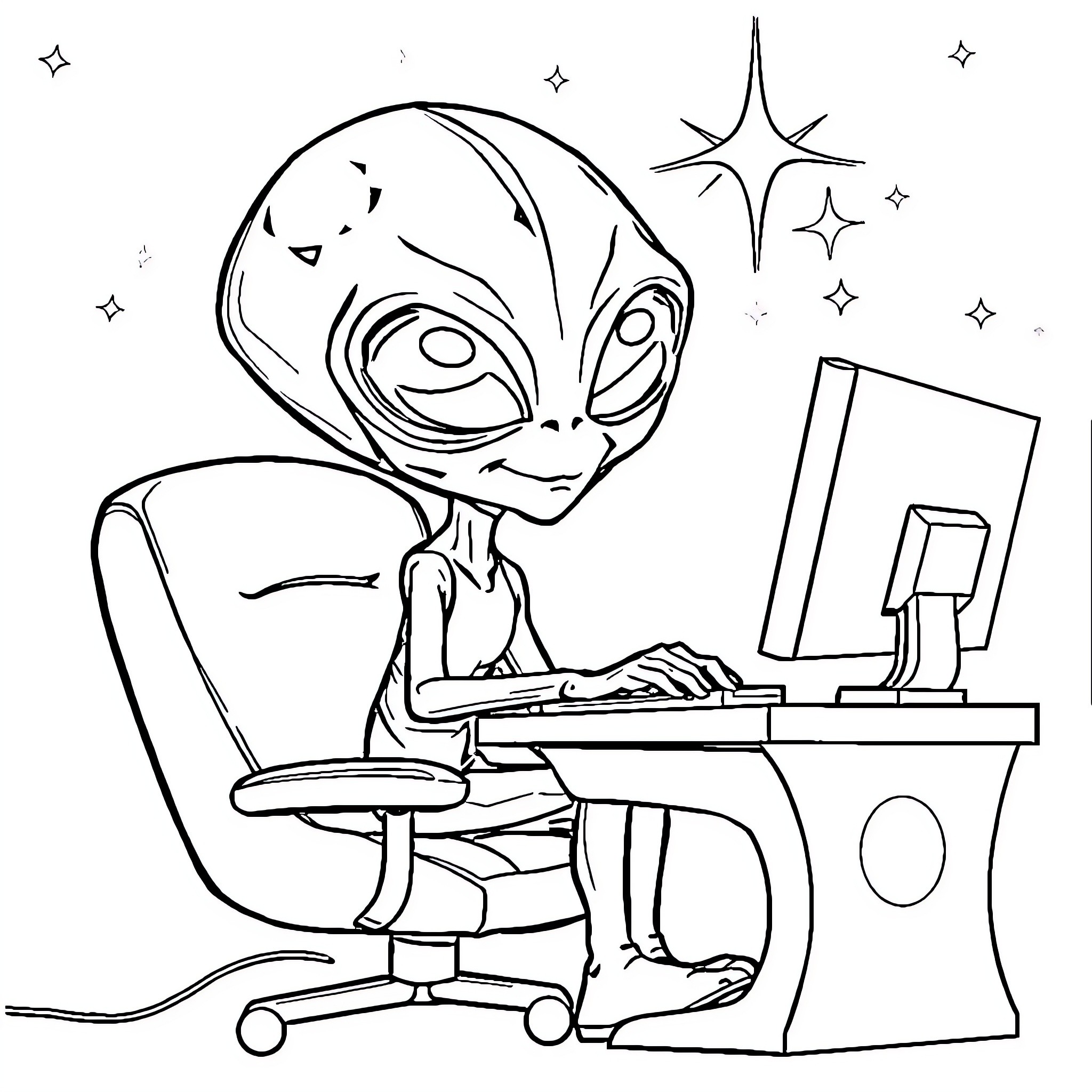 Alien working diligently on computer device Coloring Page (free black-and-white line drawing printable PDF for all, from beginners to advanced learners, including children, teens, adults, and seniors)