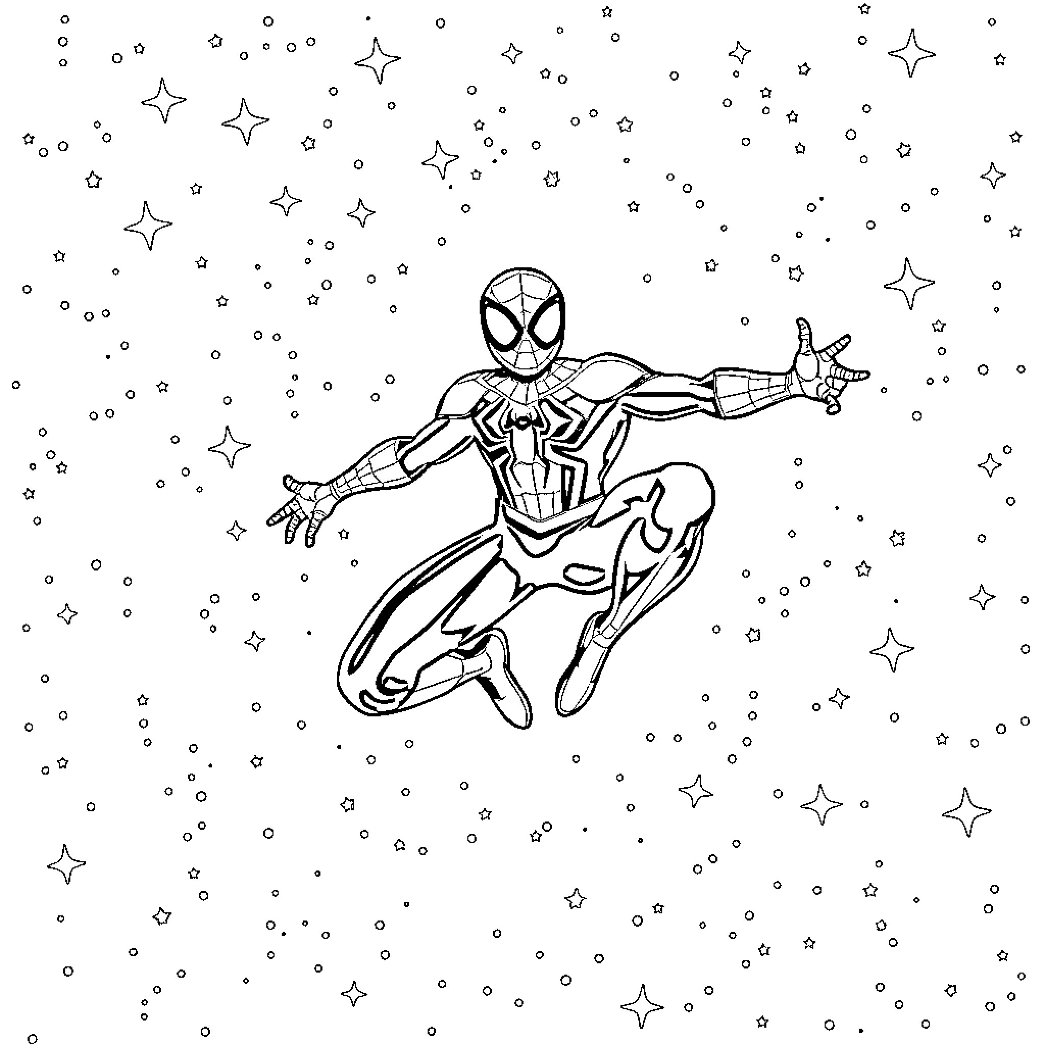 Miles Morales swinging through the night sky Coloring Page (free black-and-white line drawing printable PDF for all, from beginners to advanced learners, including children, teens, adults, and seniors)