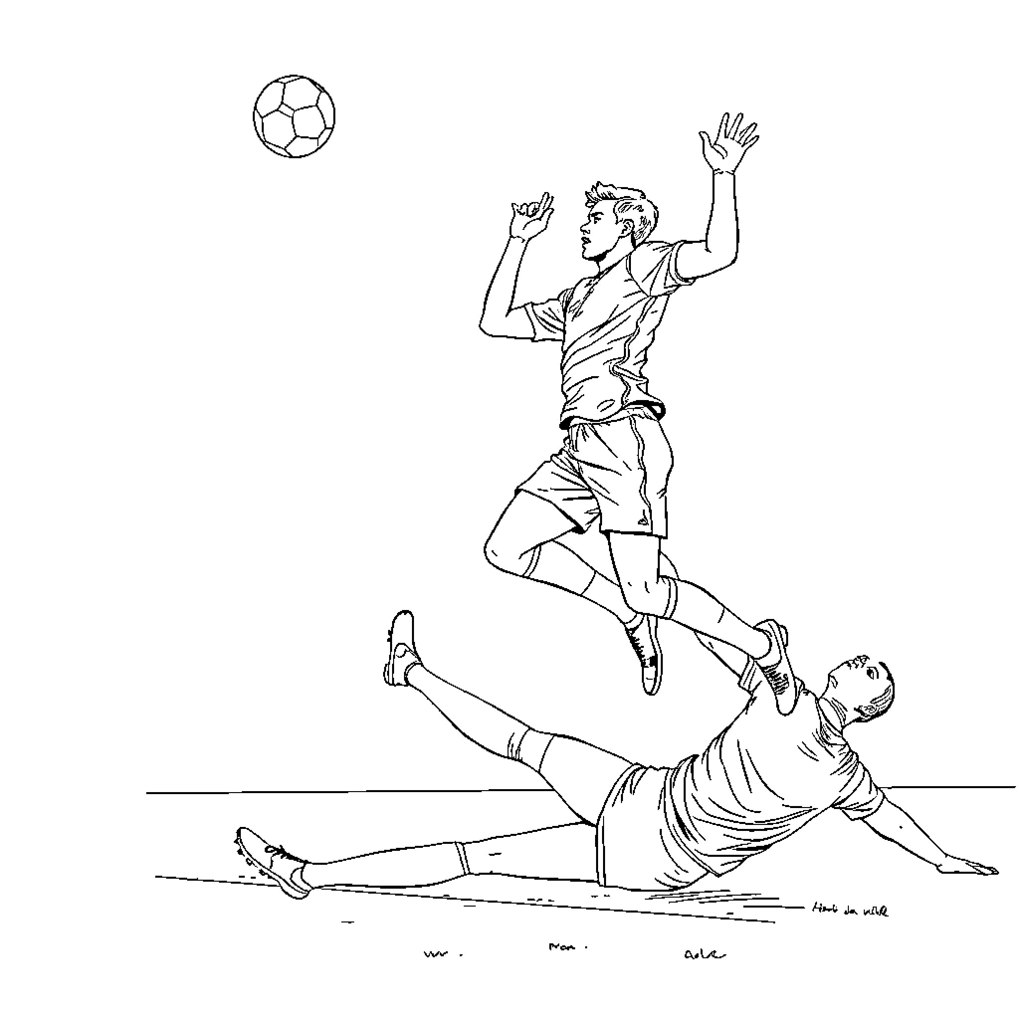 Football Player Leaping to Intercept the Ball Coloring Page (free black-and-white line drawing printable PDF for all, from beginners to advanced learners, including children, teens, adults, and seniors)
