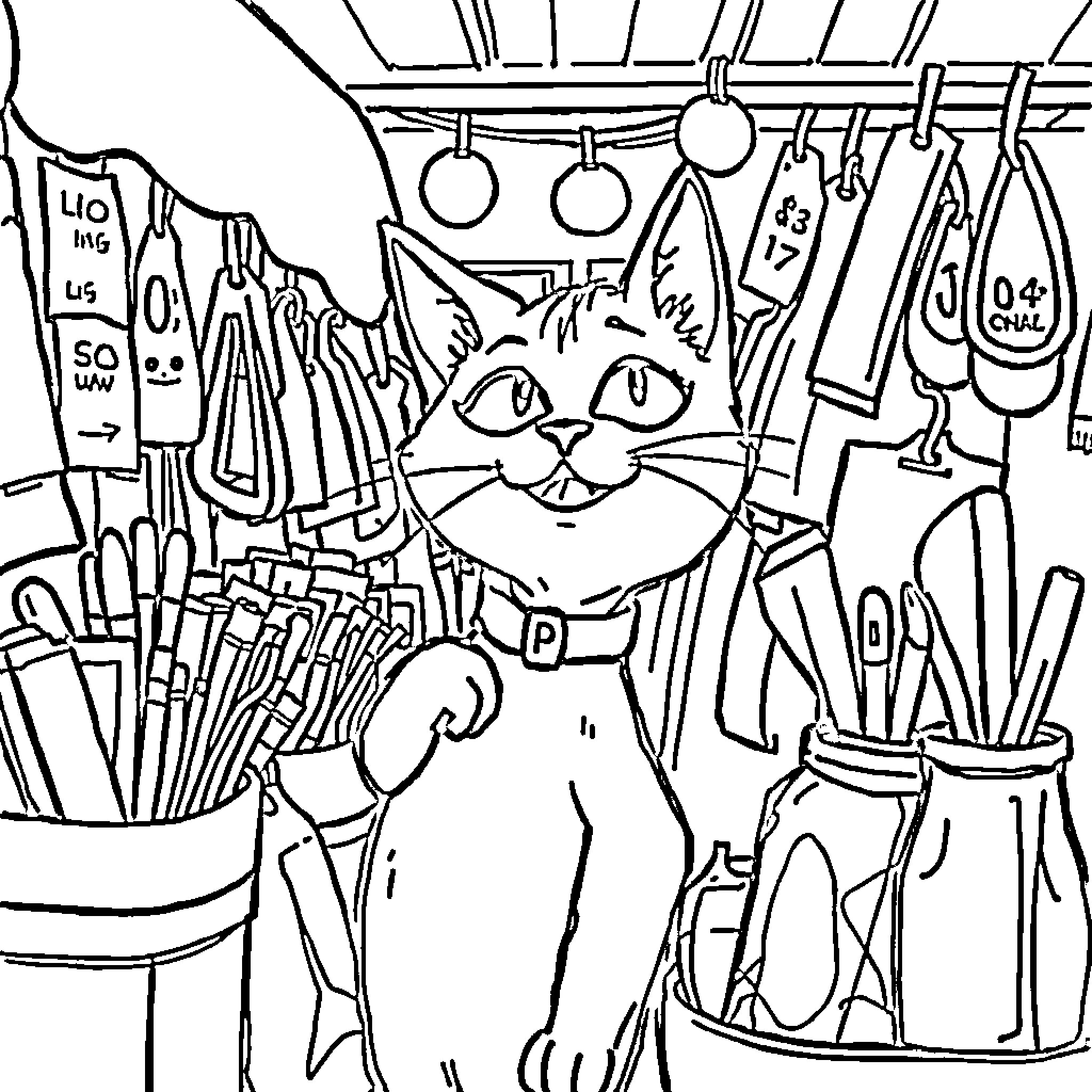 Pete's Curious Cat in Cluttered Workshop Coloring Page (free black-and-white line drawing printable PDF for all, from beginners to advanced learners, including children, teens, adults, and seniors)