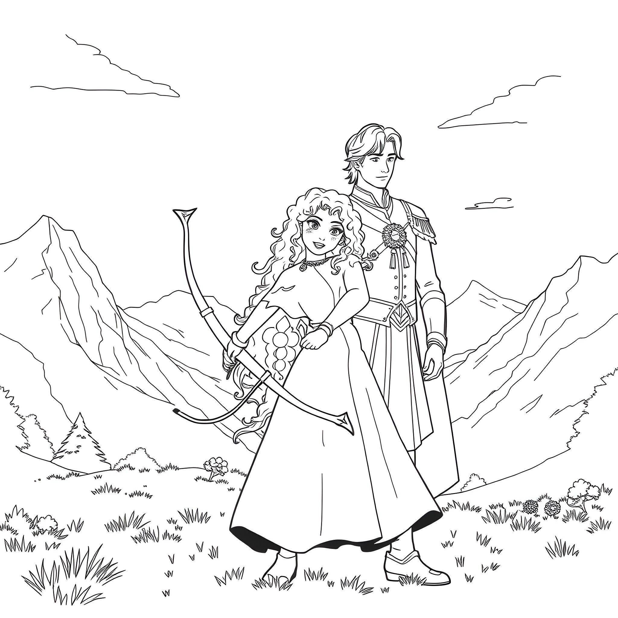 Merida and her companion standing in the highlands Coloring Page (free black-and-white line drawing printable PDF for all, from beginners to advanced learners, including children, teens, adults, and seniors)