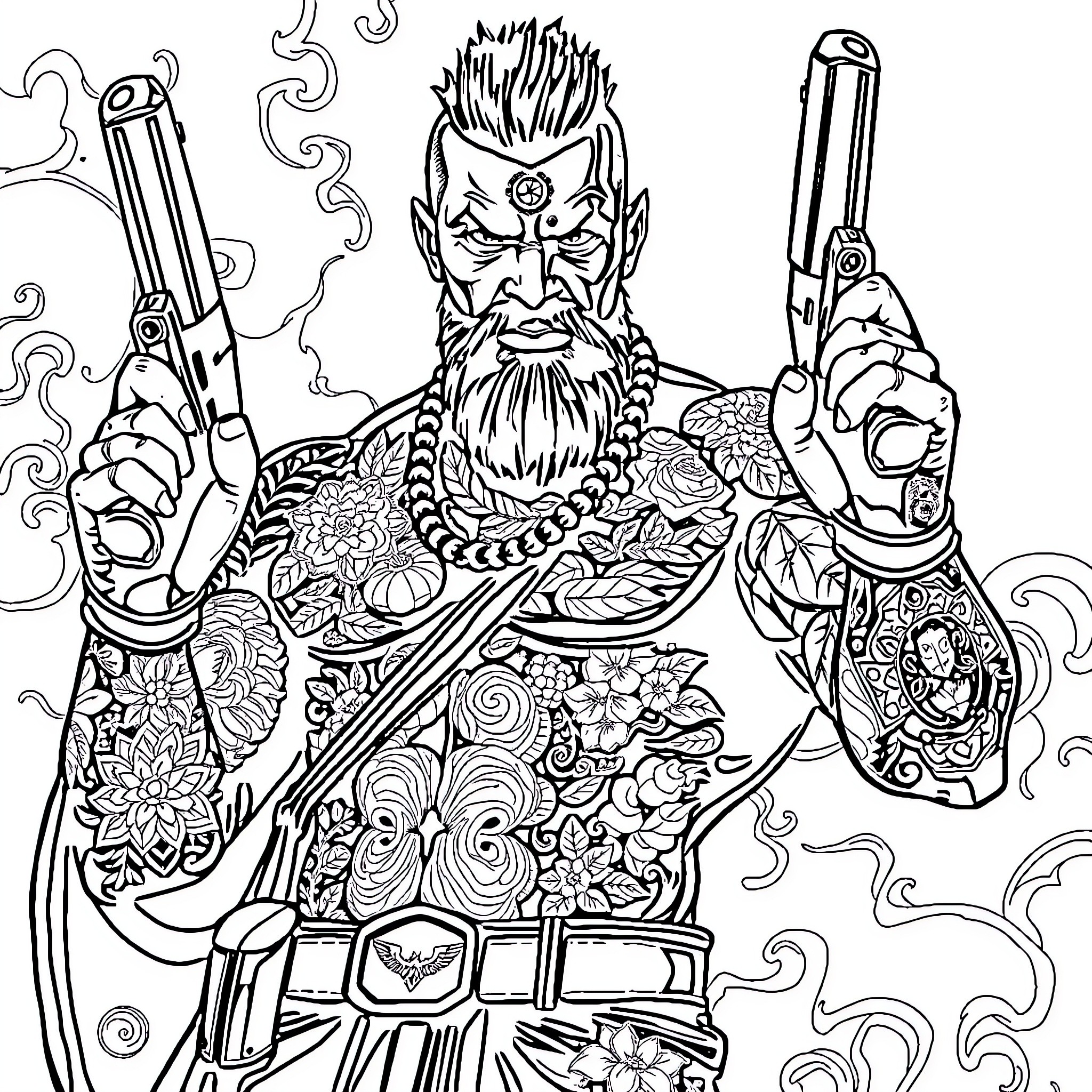 Labubu the Tattooed Gunslinger Coloring Page (free black-and-white line drawing printable PDF for all, from beginners to advanced learners, including children, teens, adults, and seniors)
